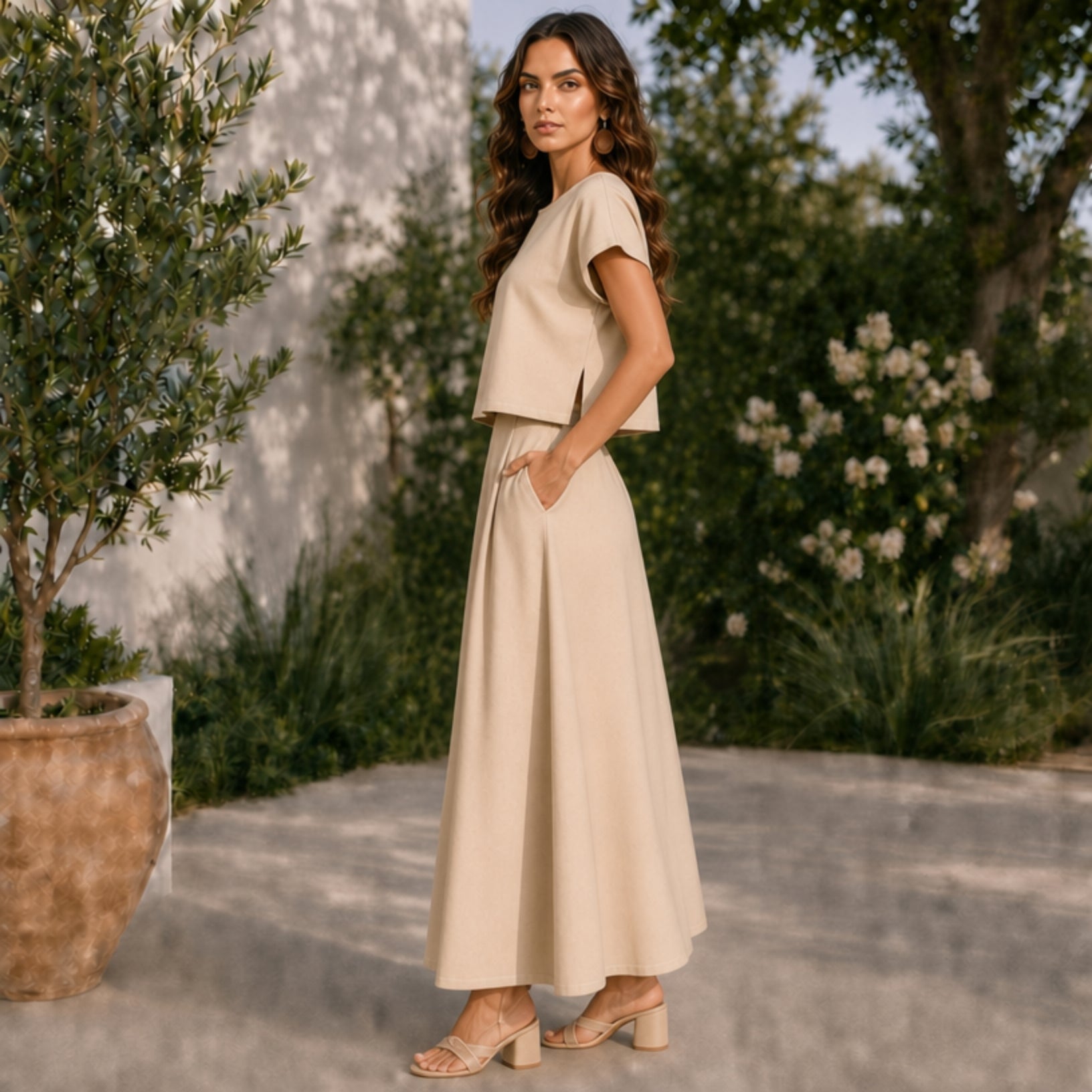 Women's Linen Top & Skirt Set with Cotton Lining