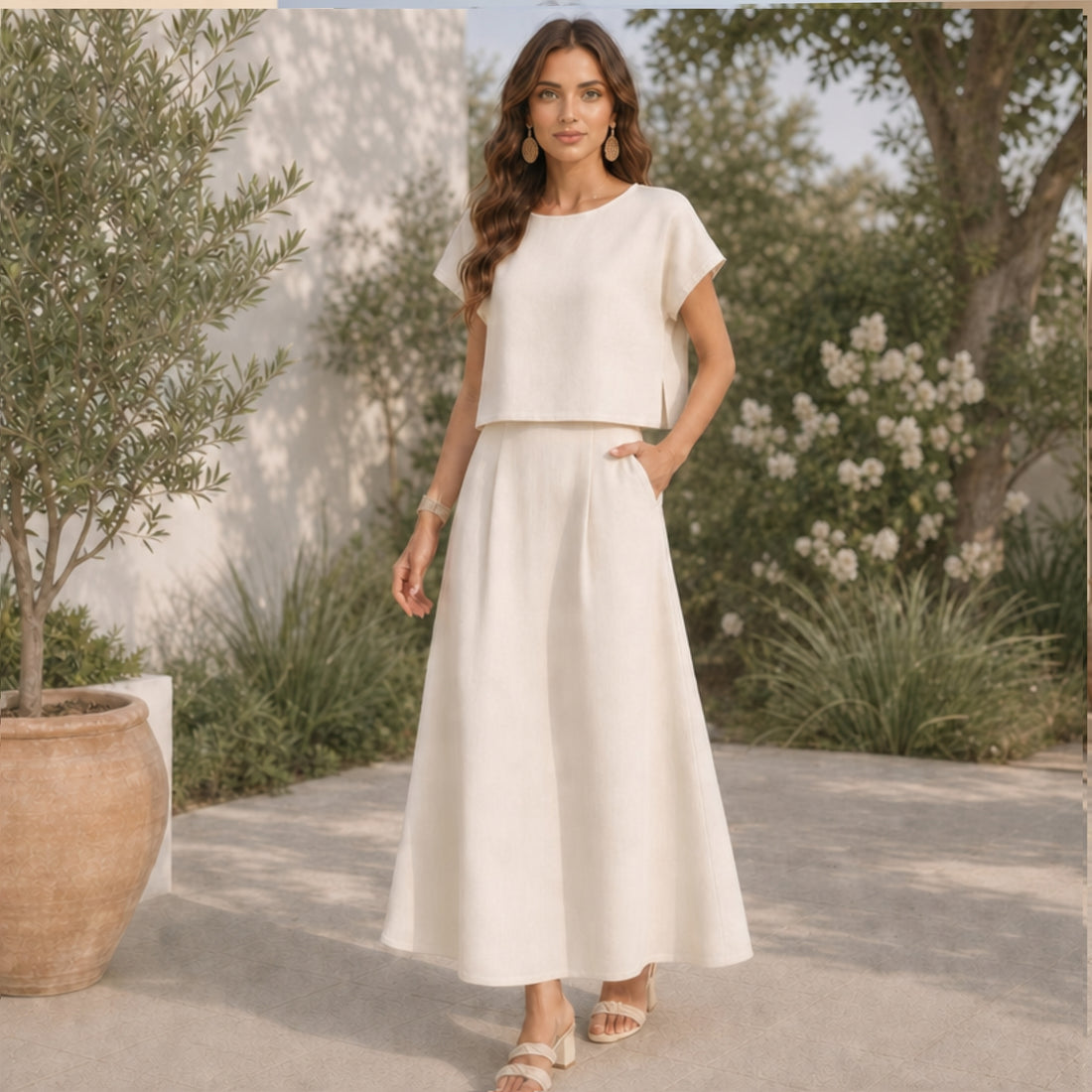 Women's Linen Top & Skirt Set with Cotton Lining