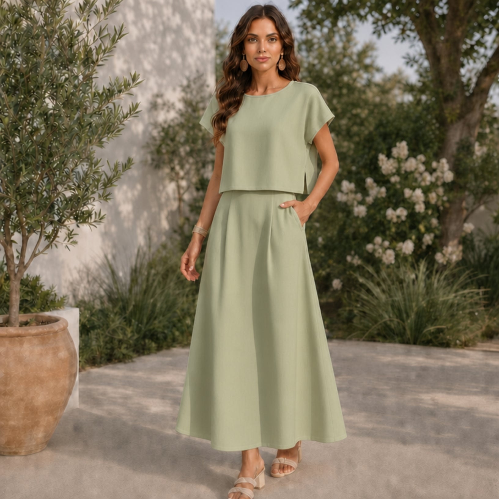 Women's Linen Top & Skirt Set with Cotton Lining