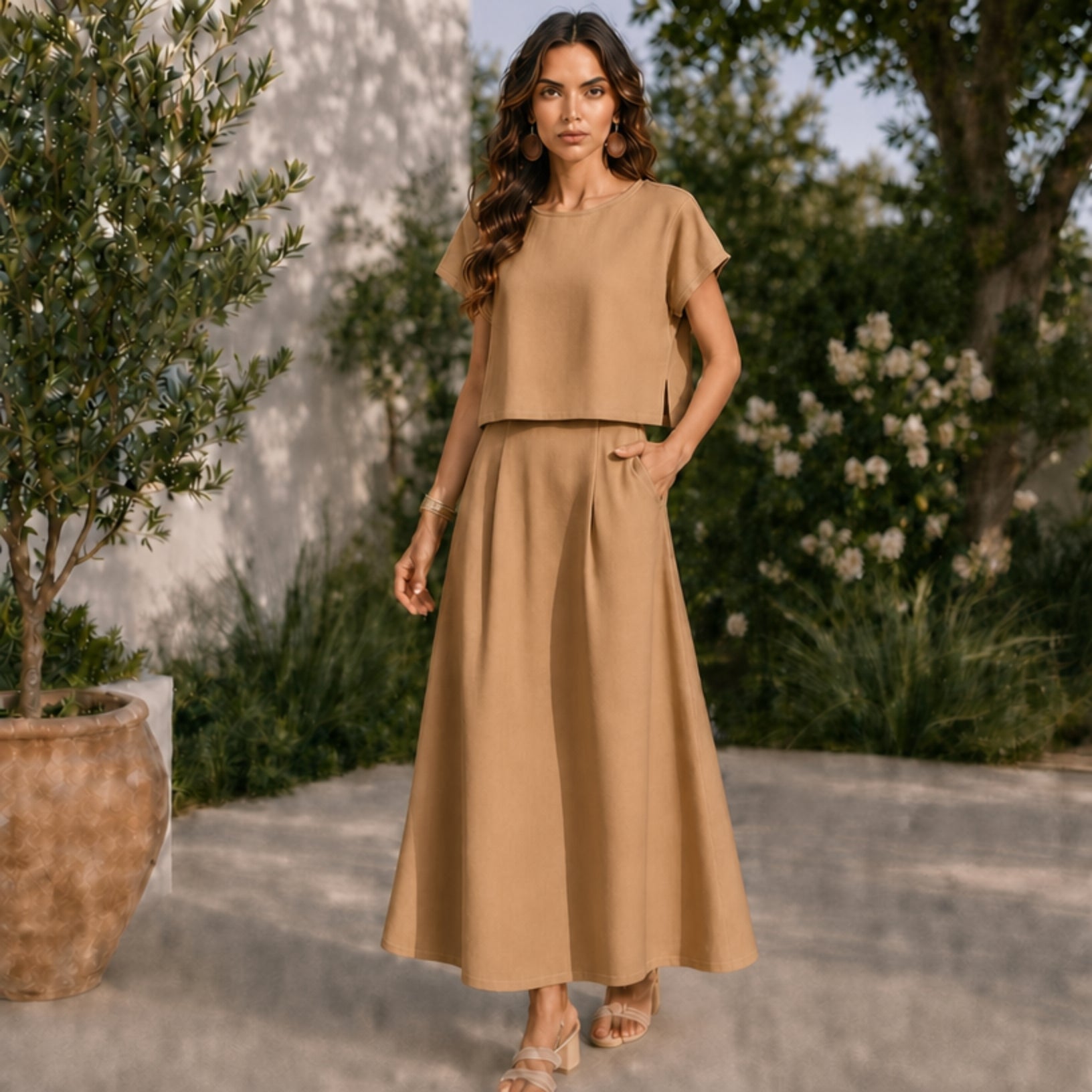 Women's Linen Top & Skirt Set with Cotton Lining