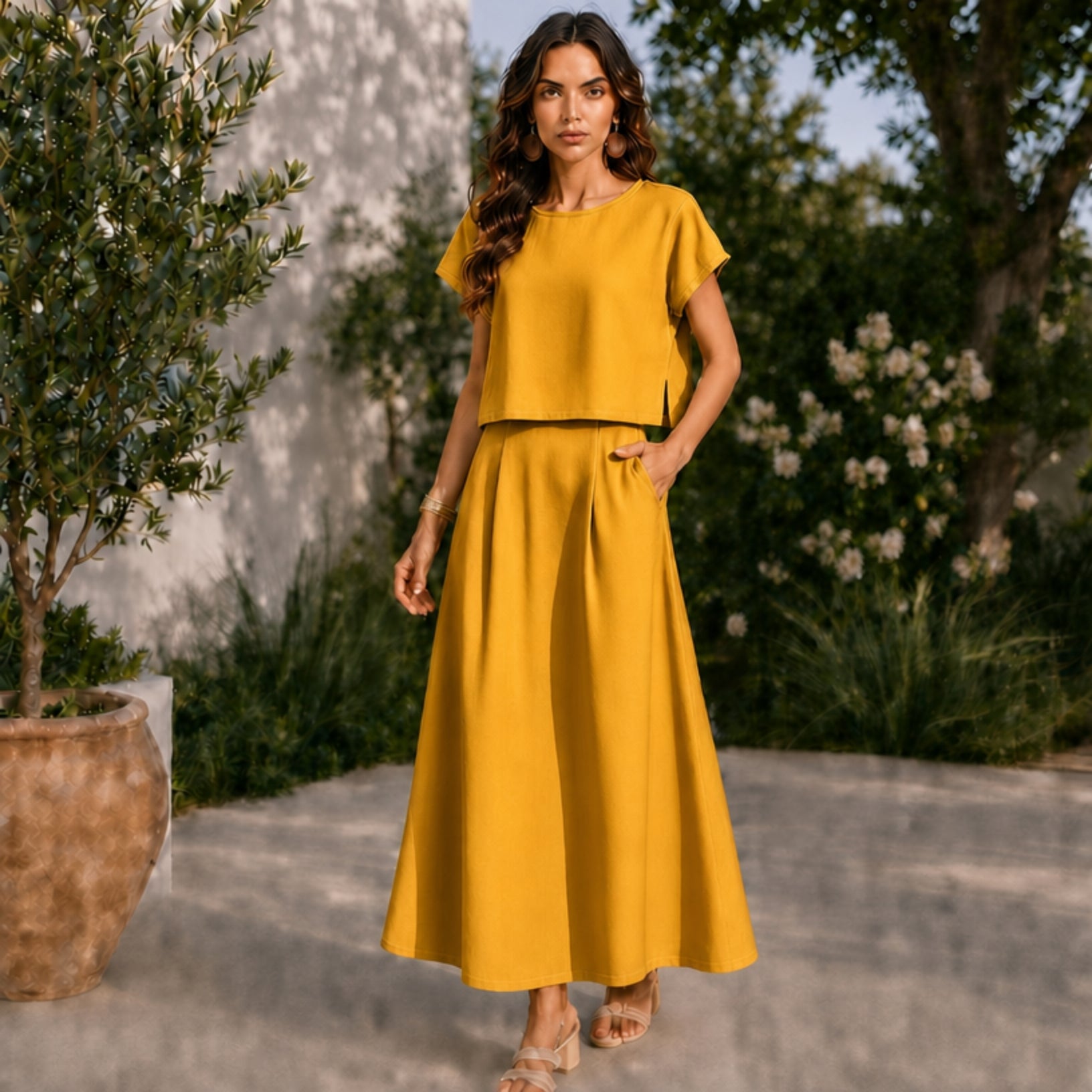 Women's Linen Top & Skirt Set with Cotton Lining