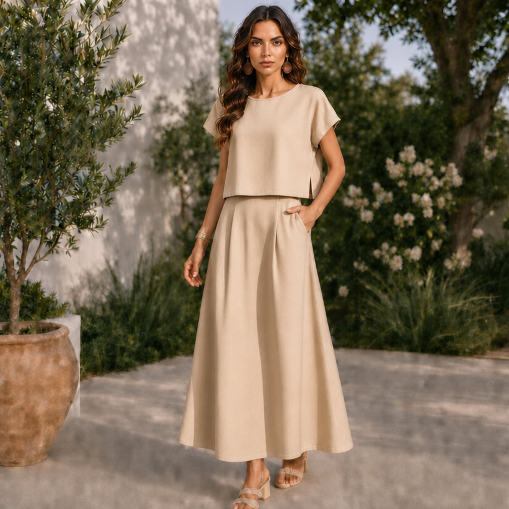 Women's Linen Top & Skirt Set with Cotton Lining