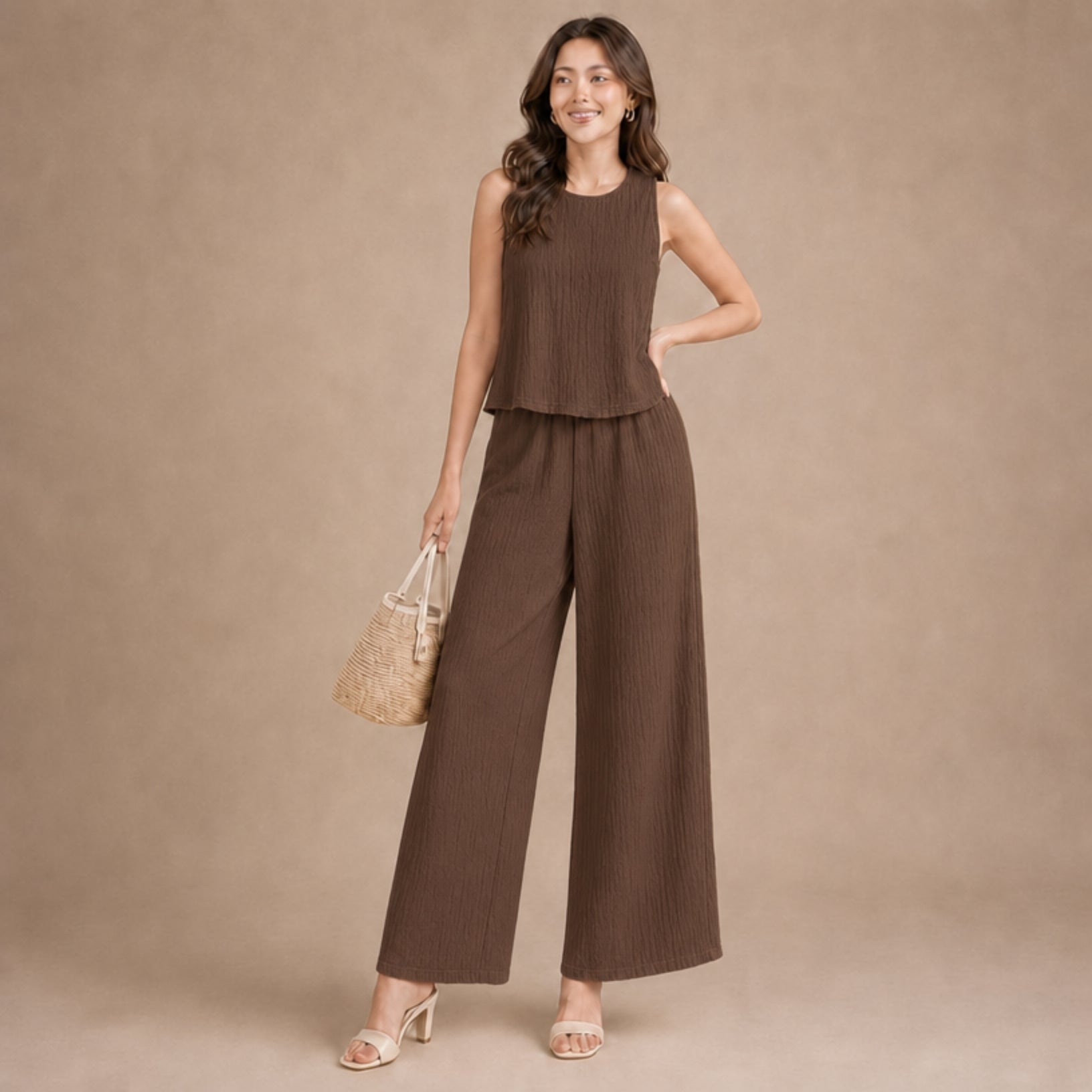 Taupe Textured Crinkle Sleeveless & Wide-Leg Co-ord Set