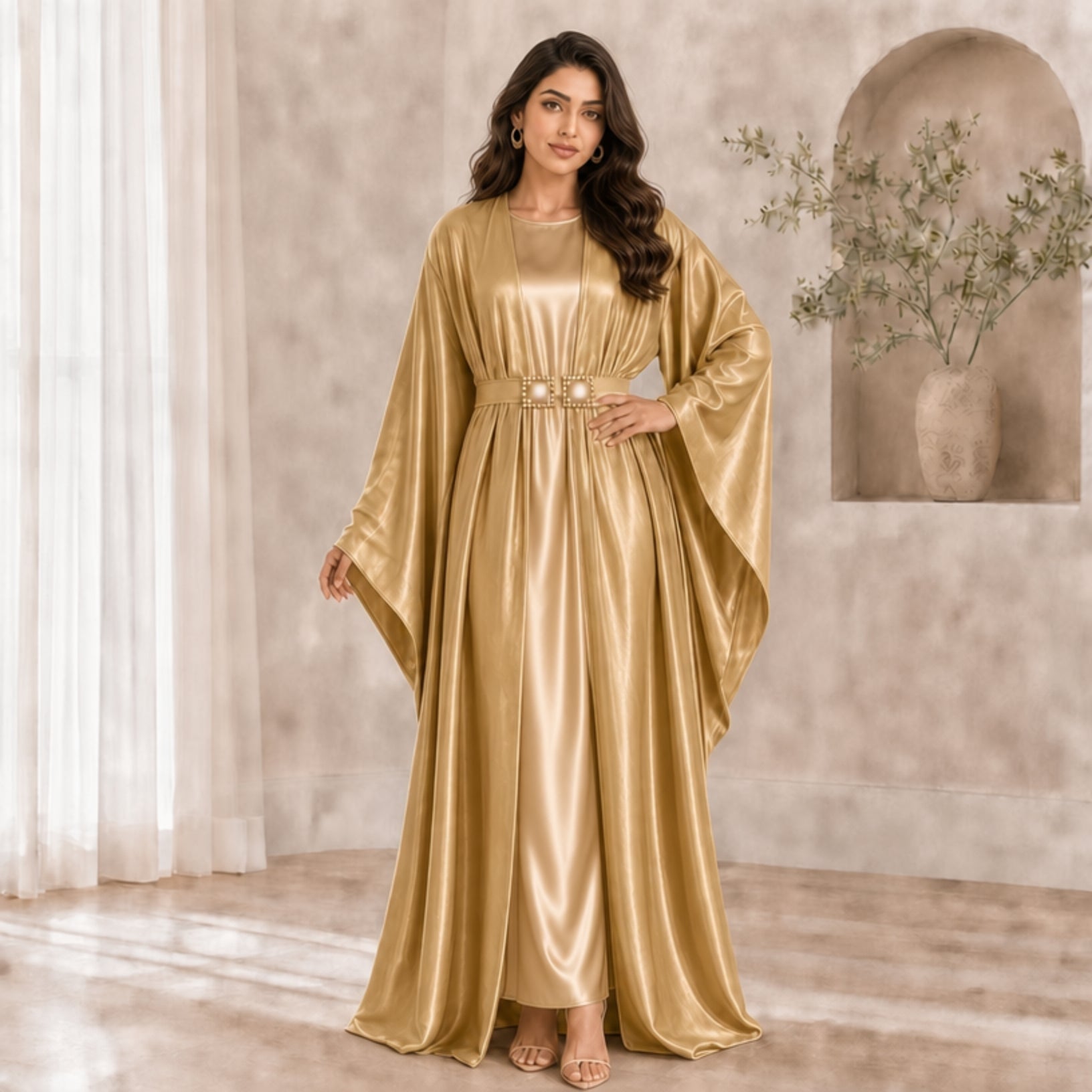 Shimmering Satin 3-Piece Abaya Set