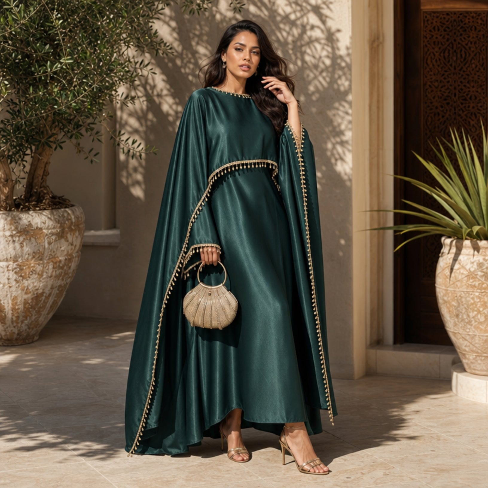 Satin Pearl-Trimmed Cape Abaya Set