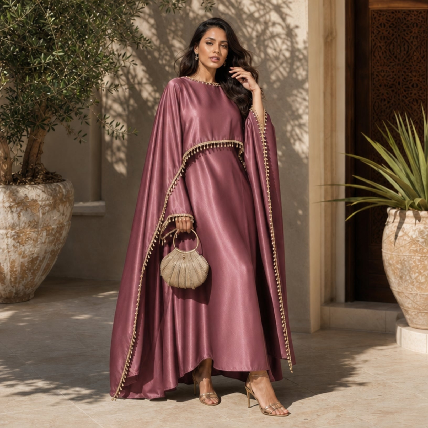 Satin Pearl-Trimmed Cape Abaya Set