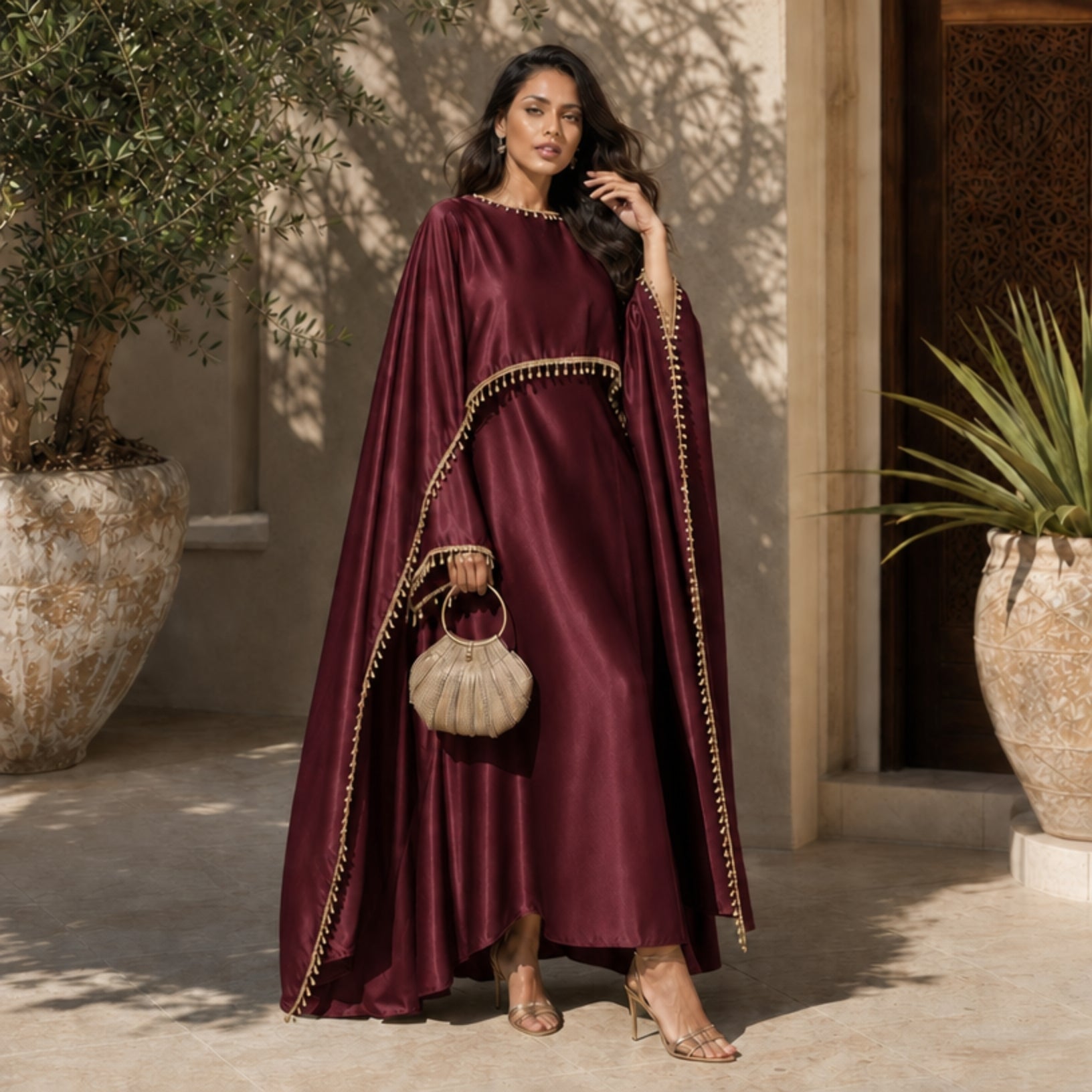 Satin Pearl-Trimmed Cape Abaya Set