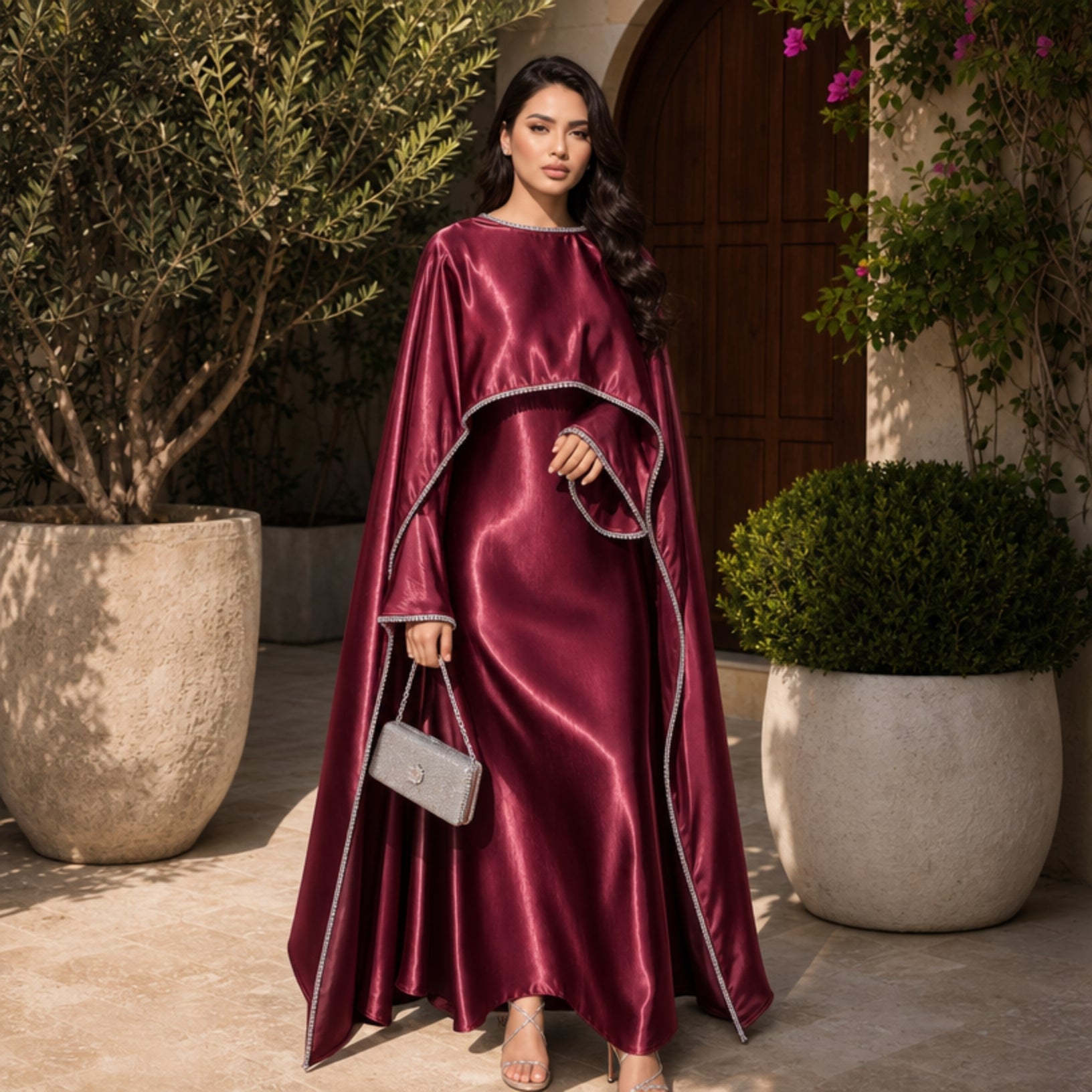 Satin Pearl-Trimmed Cape Abaya Set
