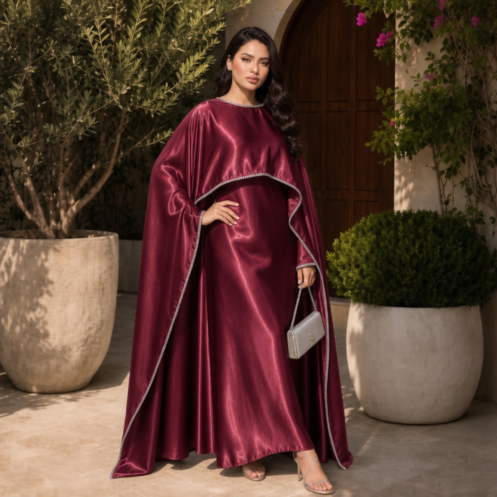 Satin Pearl-Trimmed Cape Abaya Set