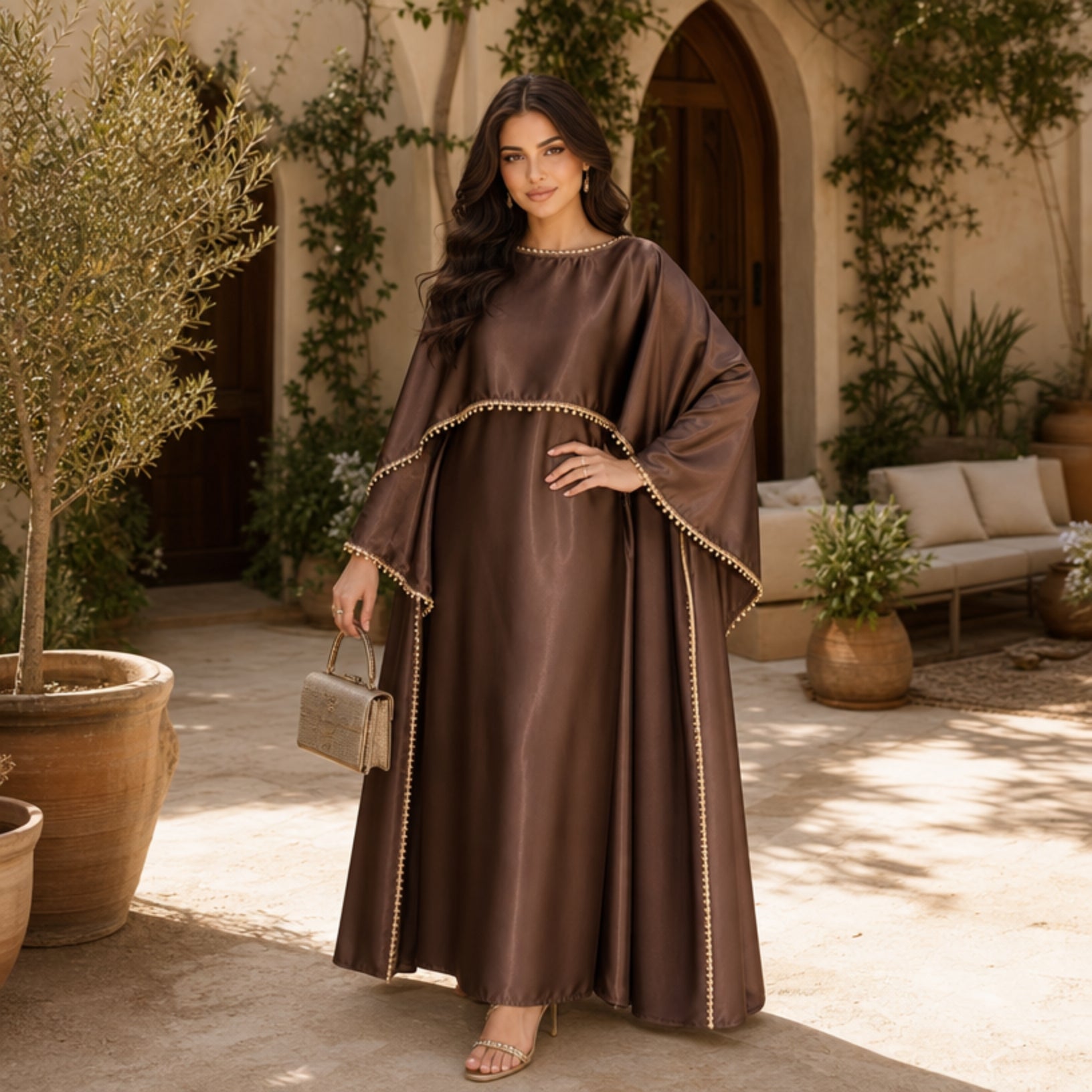 Satin Pearl-Trimmed Cape Abaya Set
