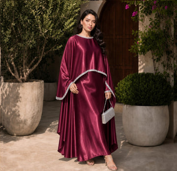 Satin Pearl-Trimmed Cape Abaya Set