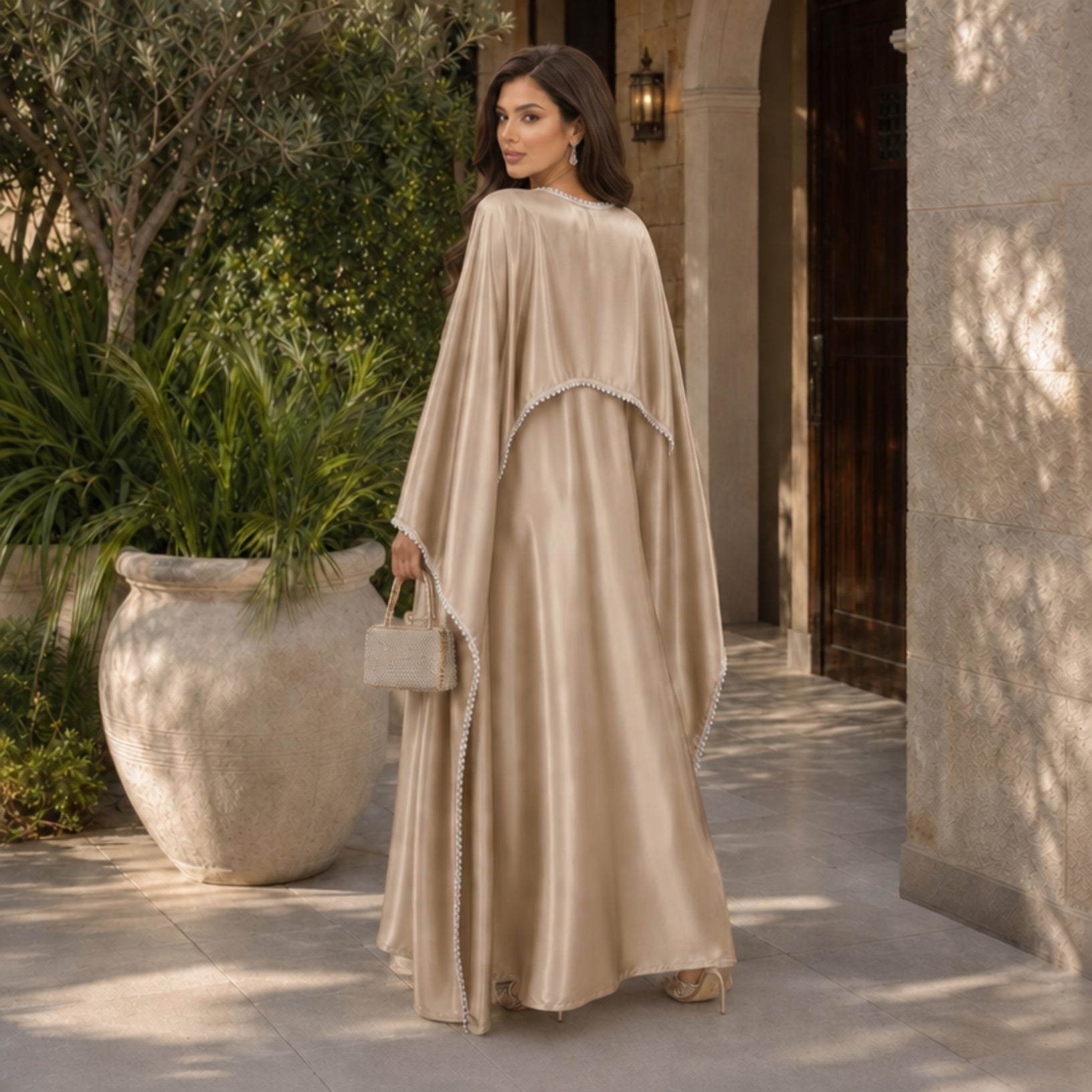 Satin Pearl-Trimmed Cape Abaya Set