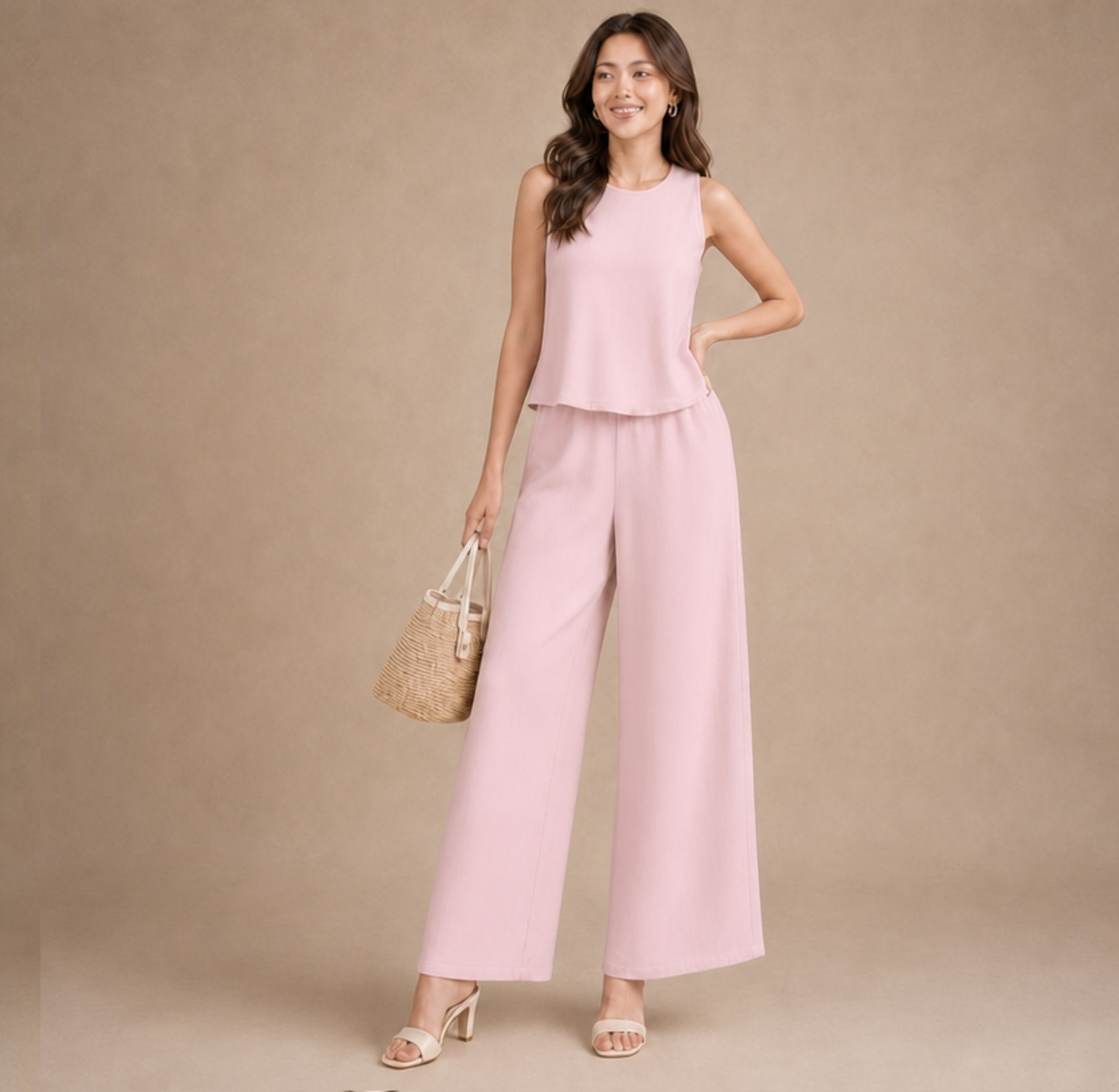 Taupe Textured Crinkle Sleeveless & Wide-Leg Co-ord Set