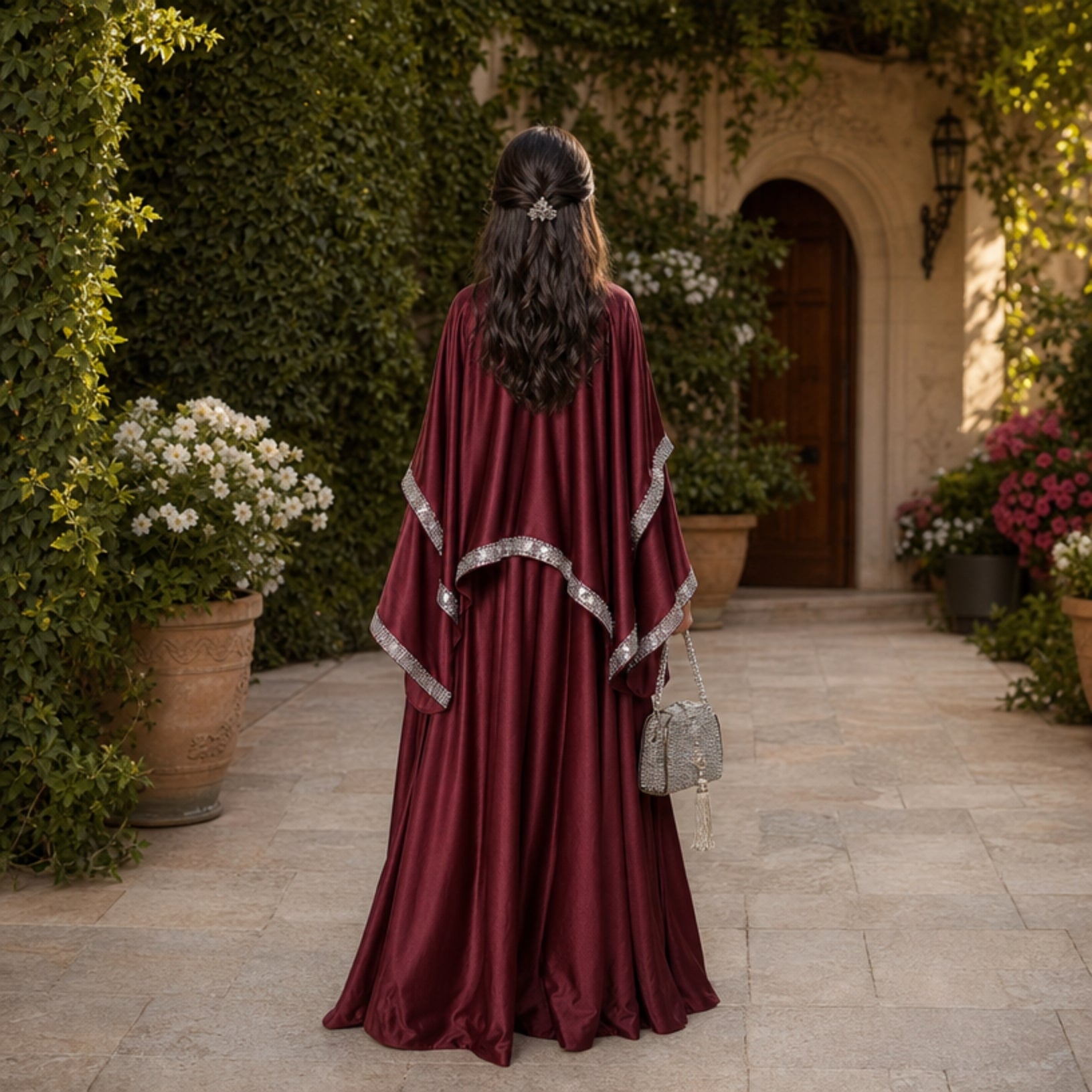 Satin Pearl-Trimmed Cape Abaya Set