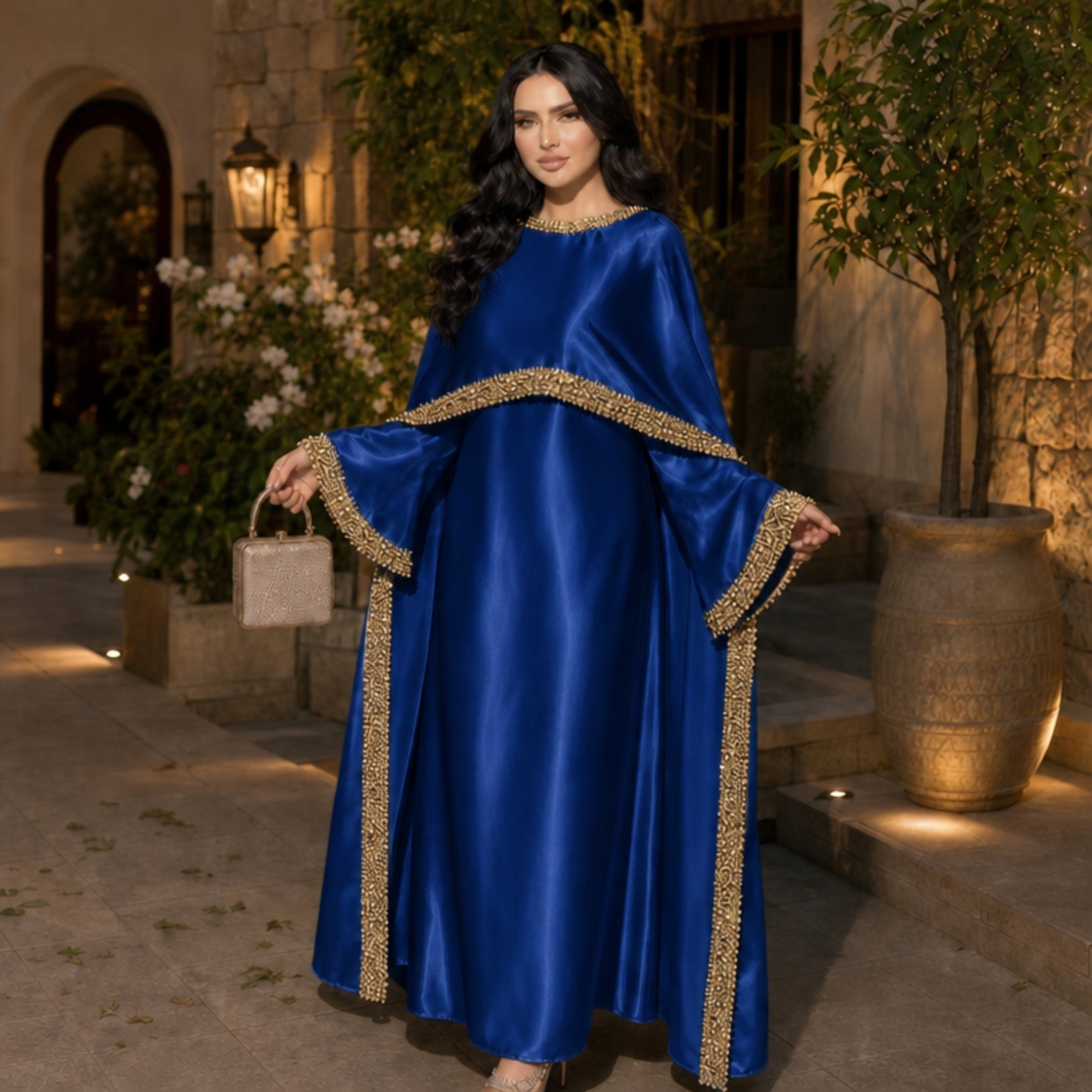 Satin Pearl-Trimmed Cape Abaya Set