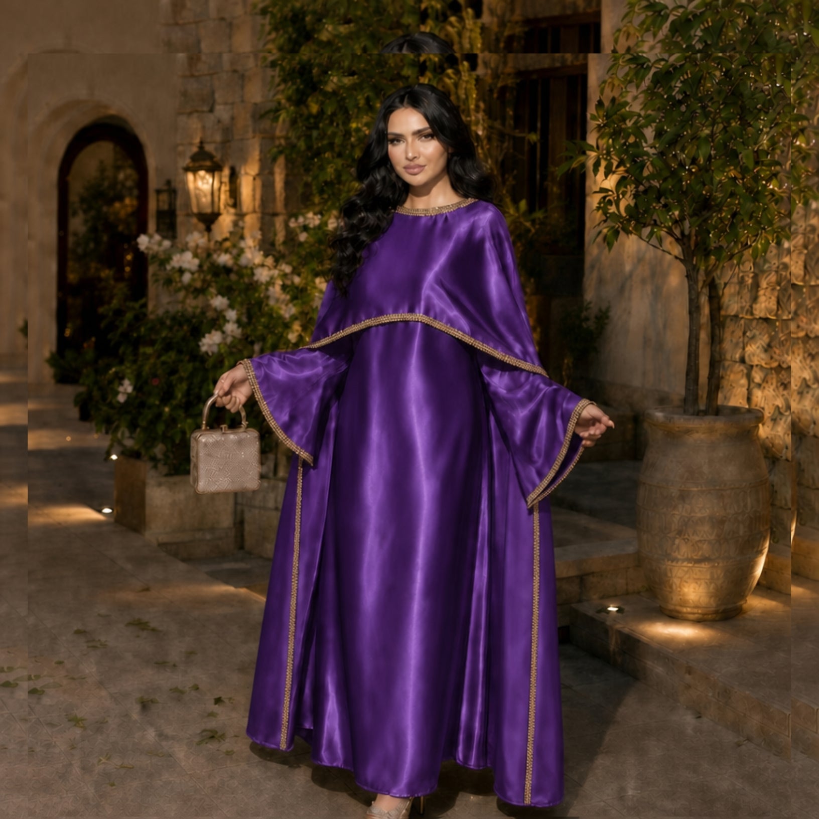 Satin Pearl-Trimmed Cape Abaya Set
