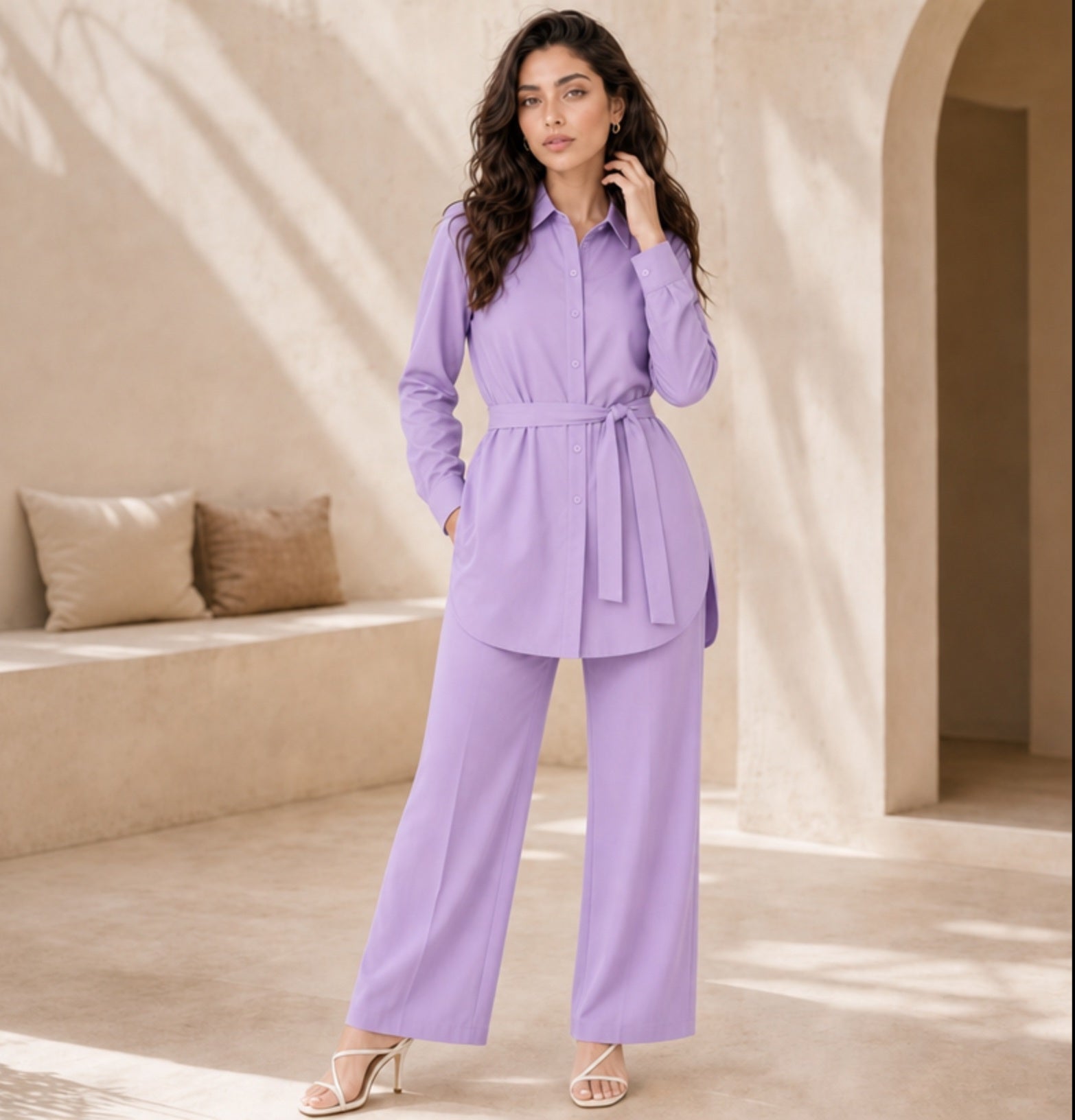 Belted Shirt & Wide-Leg Co-ord Set