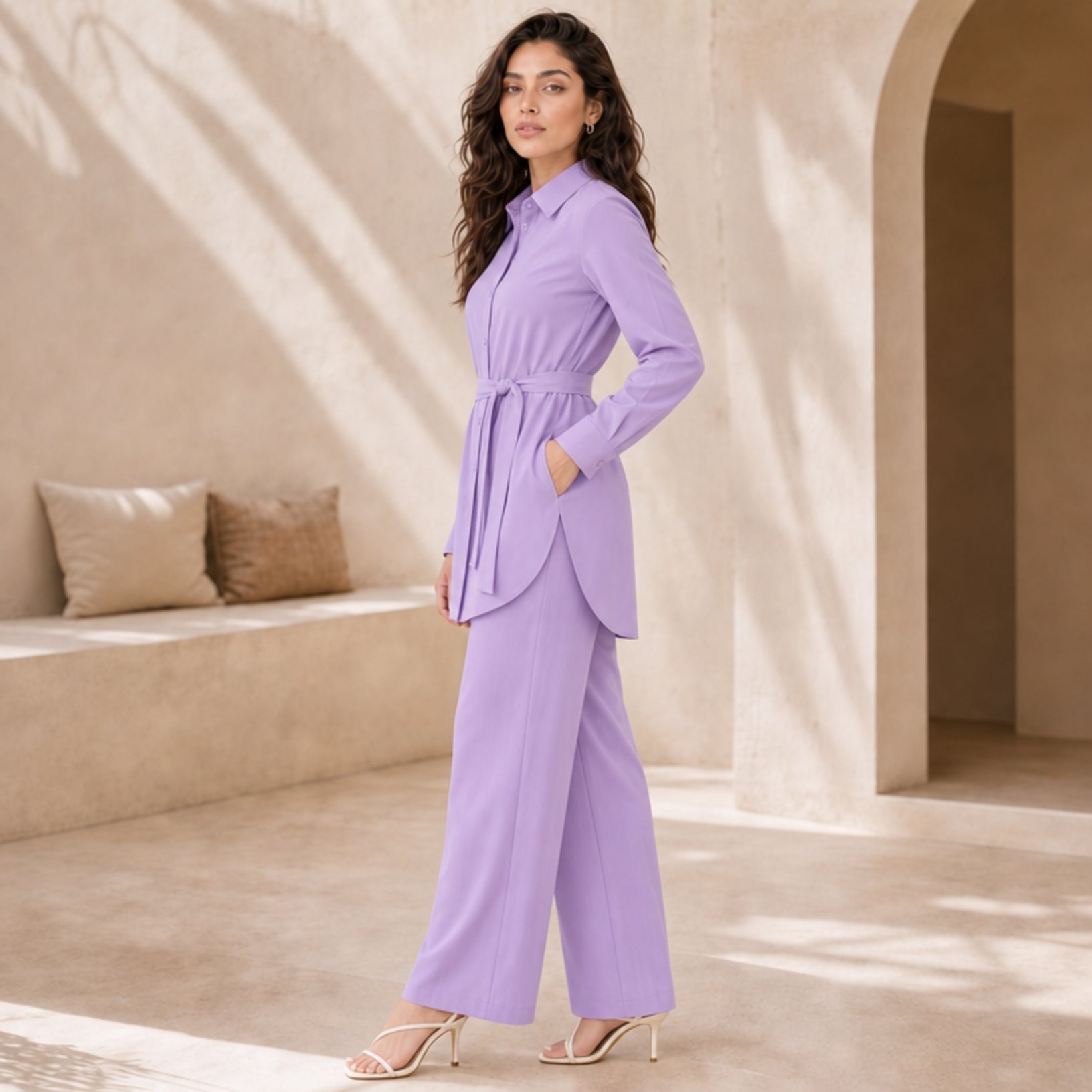 Belted Shirt & Wide-Leg Co-ord Set