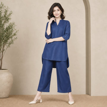 Women's Solid Co-ord Set – Long Top & Trousers