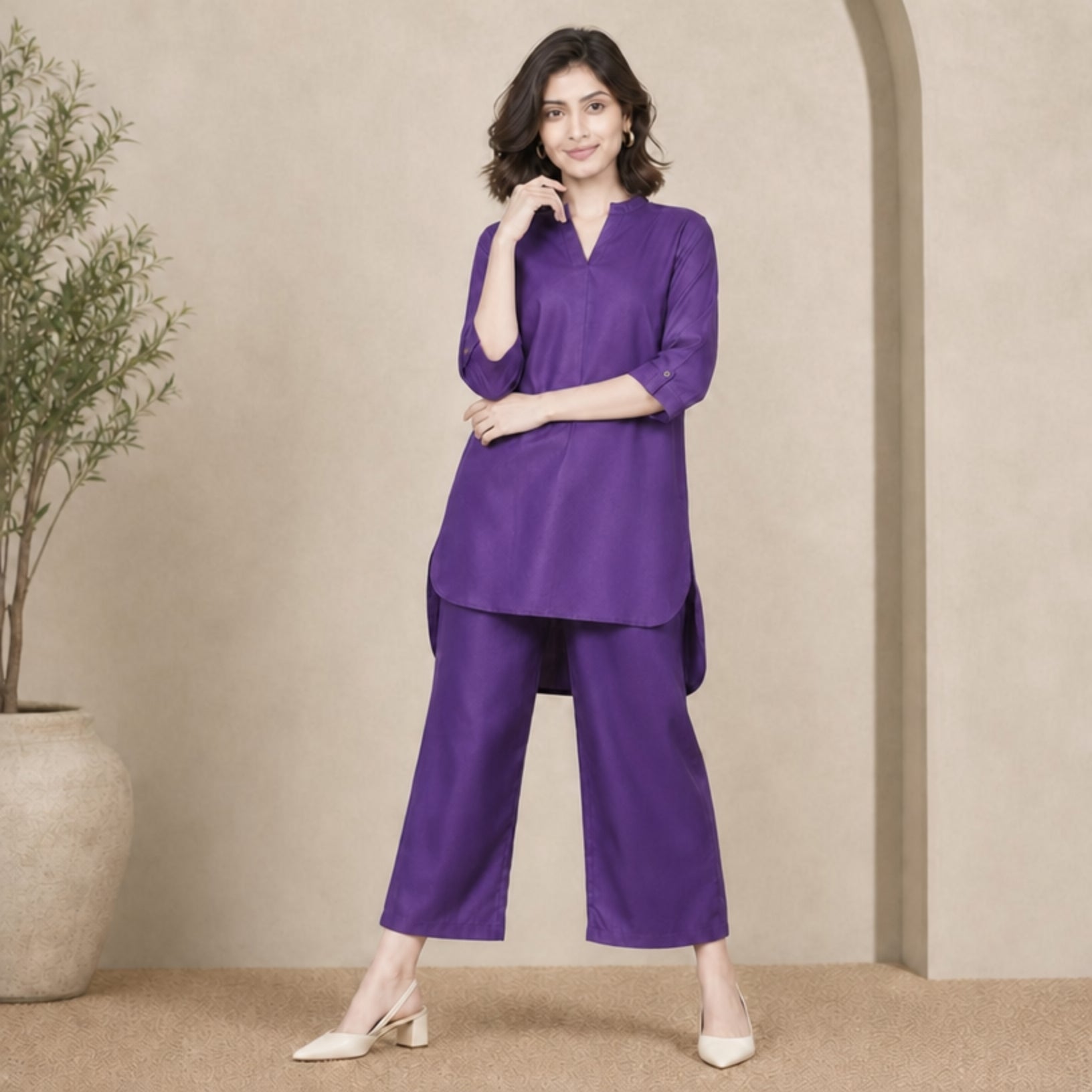 Women's Solid Co-ord Set – Long Top & Trousers