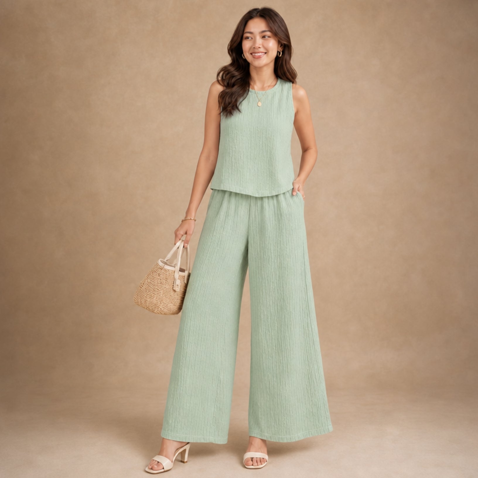 Taupe Textured Crinkle Sleeveless & Wide-Leg Co-ord Set