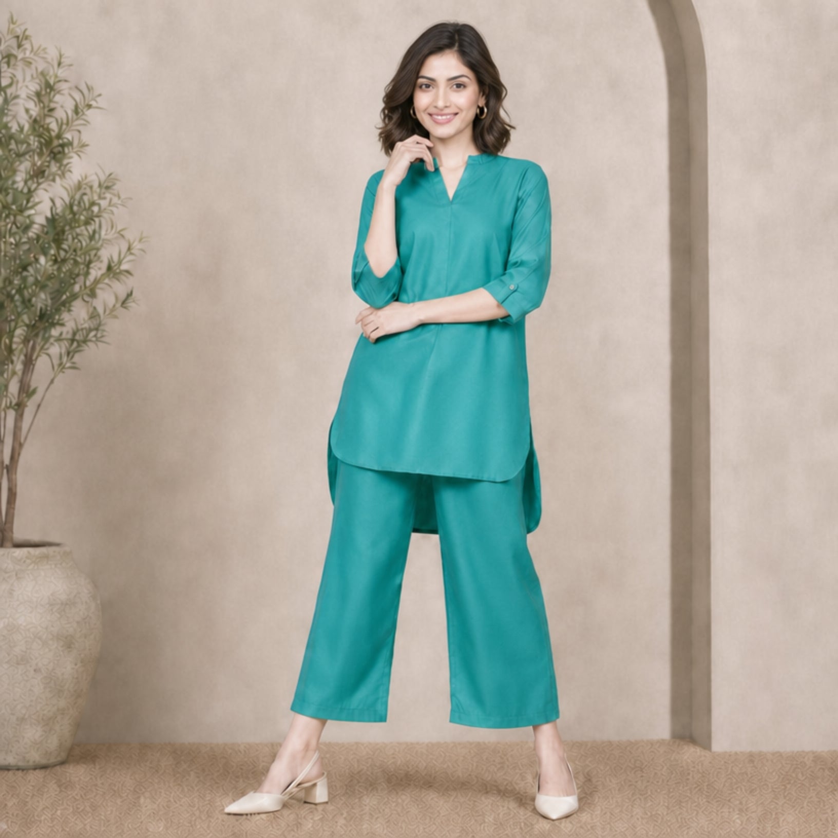 Women's Solid Co-ord Set – Long Top & Trousers