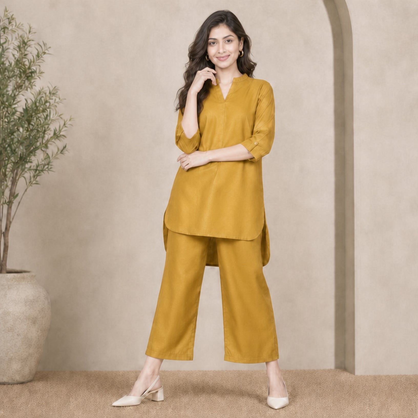 Women's Solid Co-ord Set – Long Top & Trousers