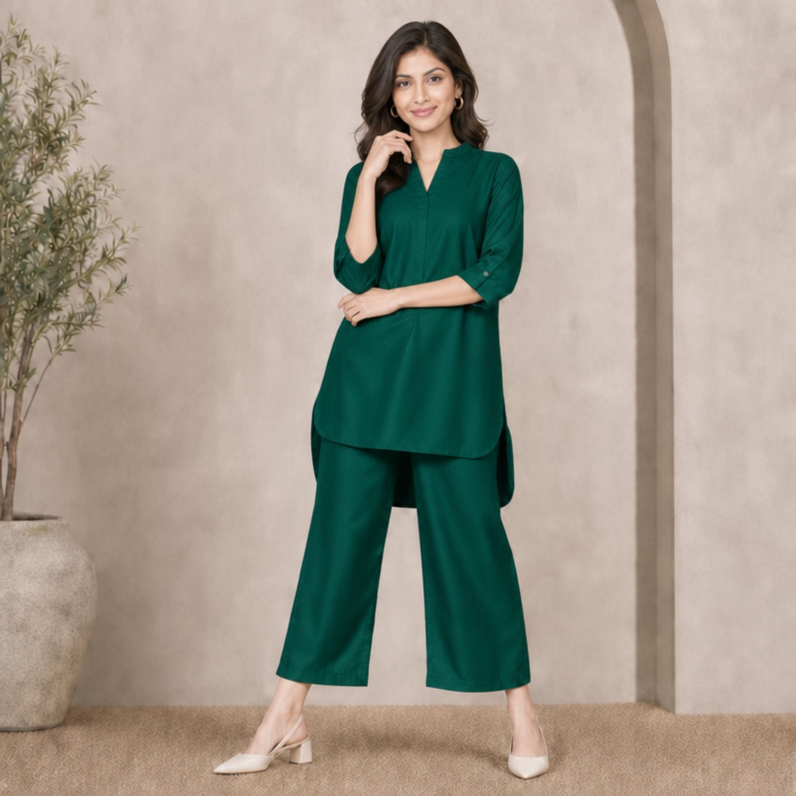 Women's Solid Co-ord Set – Long Top & Trousers