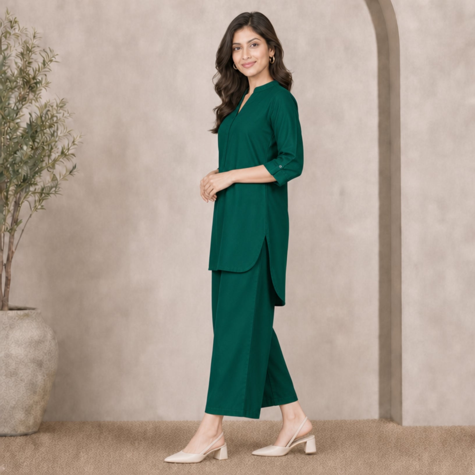 Women's Solid Co-ord Set – Long Top & Trousers