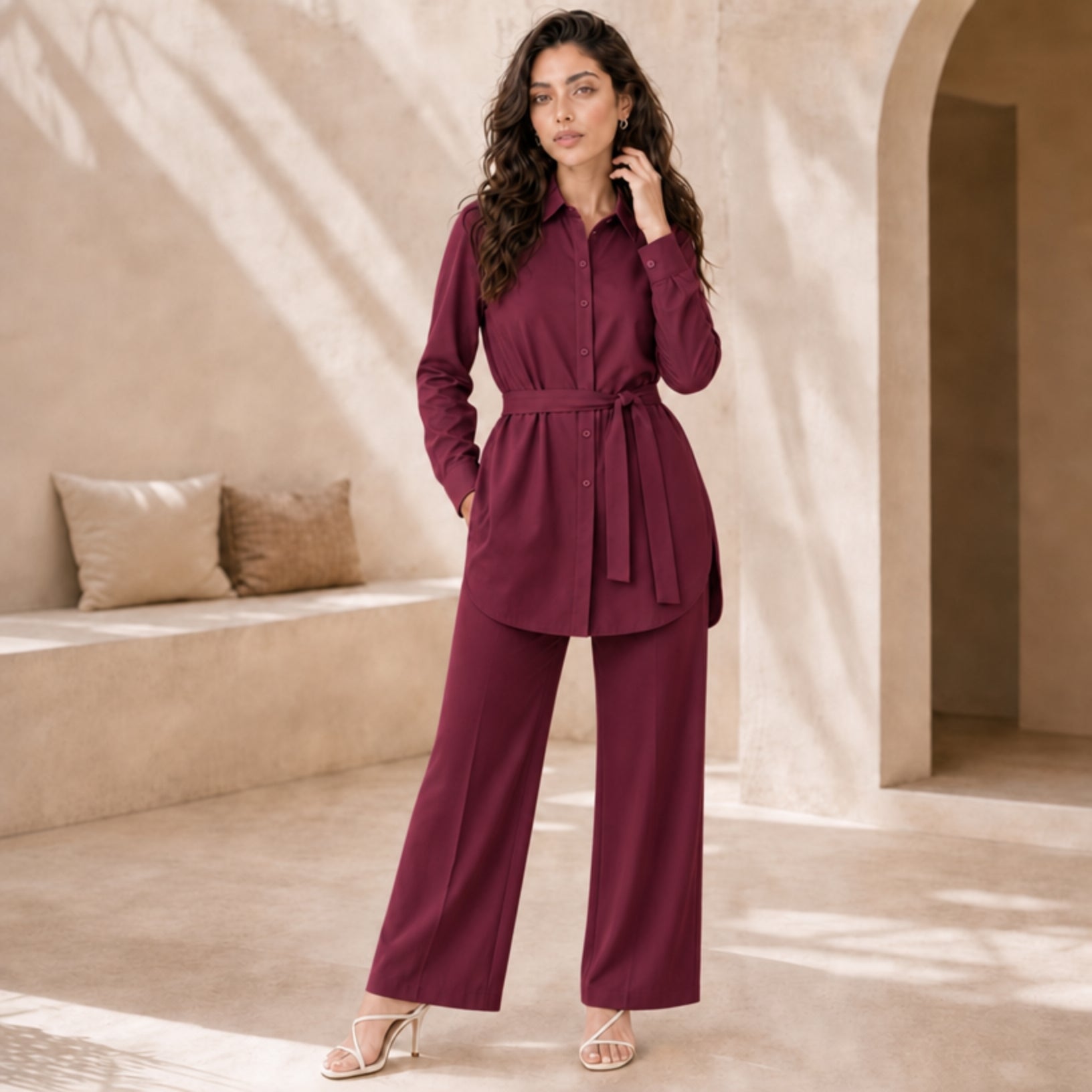 Belted Shirt & Wide-Leg Co-ord Set