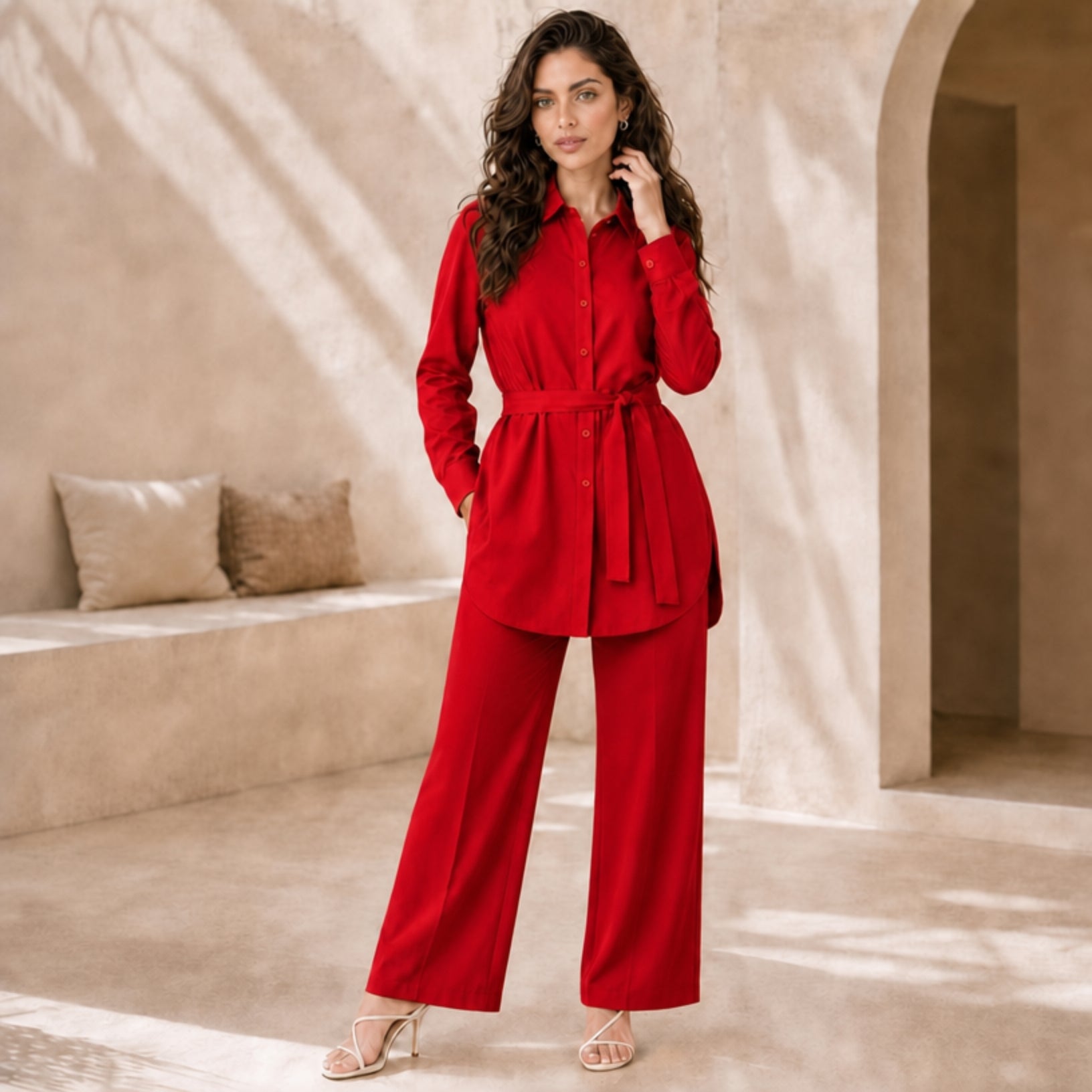 Belted Shirt & Wide-Leg Co-ord Set