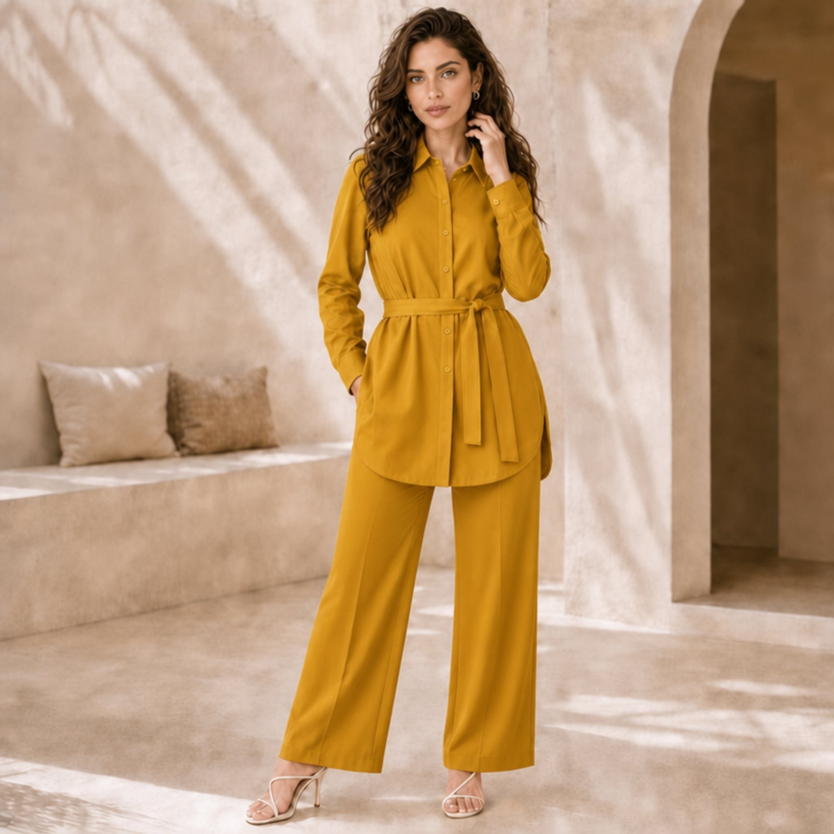 Belted Shirt & Wide-Leg Co-ord Set
