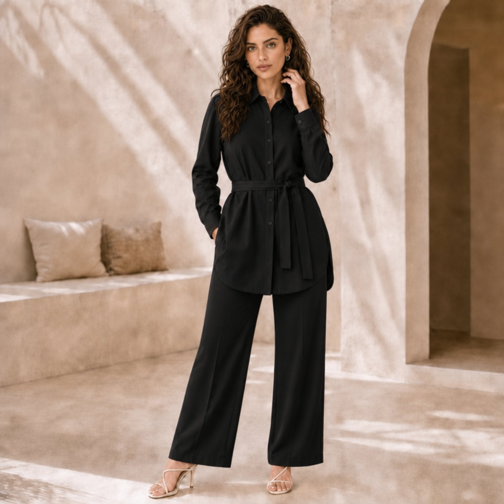 Belted Shirt & Wide-Leg Co-ord Set