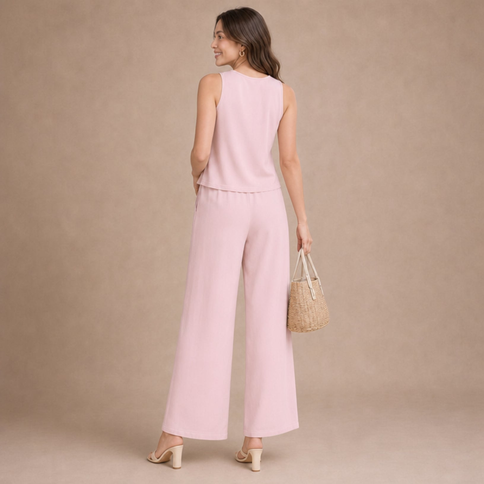 Taupe Textured Crinkle Sleeveless & Wide-Leg Co-ord Set