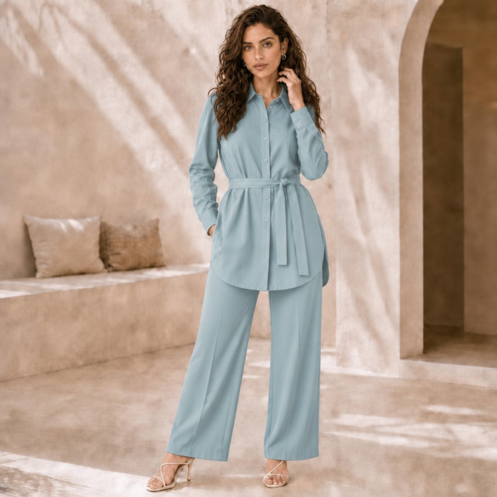 Belted Shirt & Wide-Leg Co-ord Set