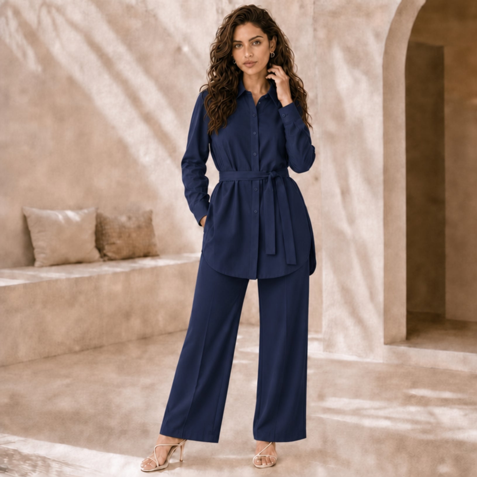 Belted Shirt & Wide-Leg Co-ord Set