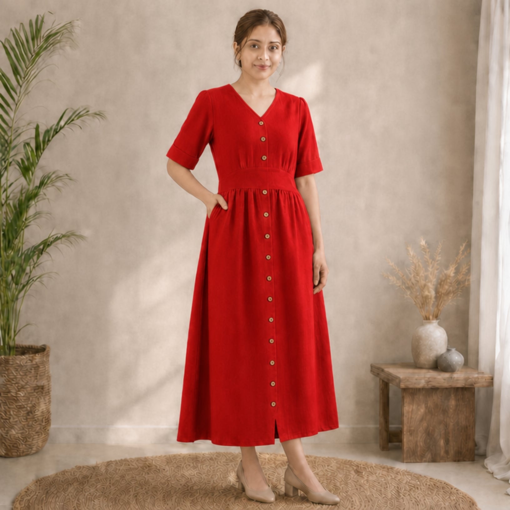 Women's Linen Button-Front Maxi Dress