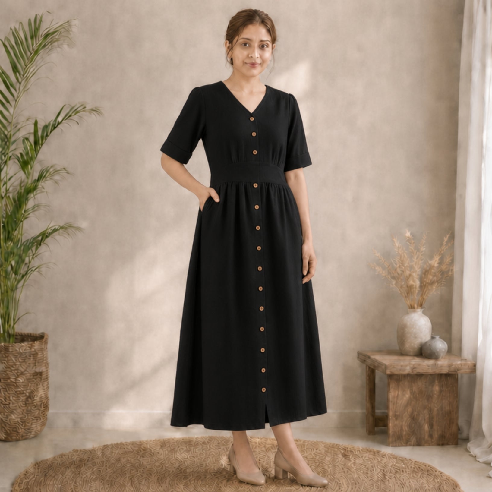 Women's Linen Button-Front Maxi Dress