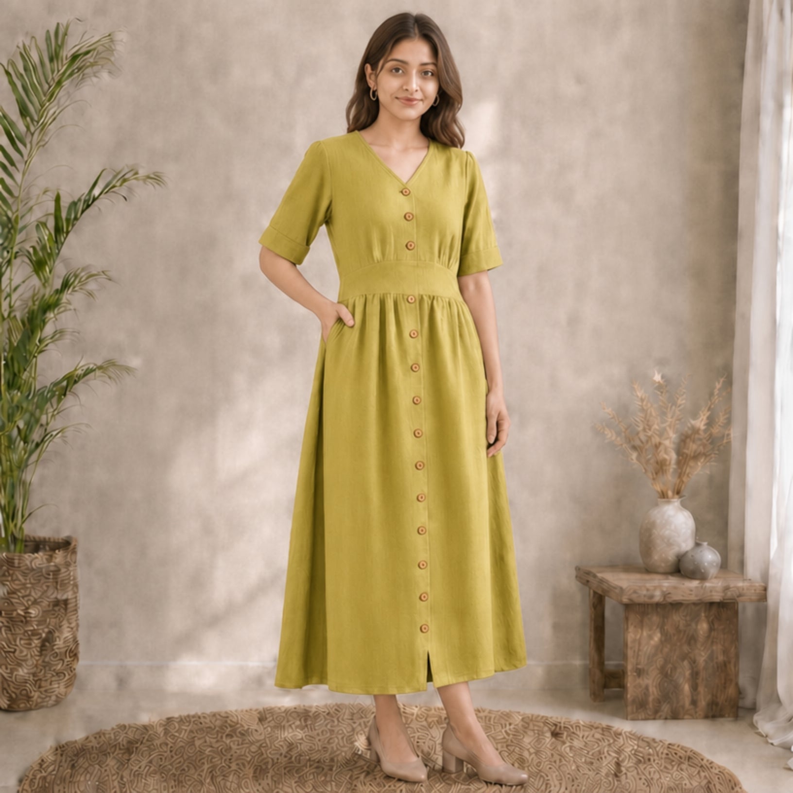 Women's Linen Button-Front Maxi Dress