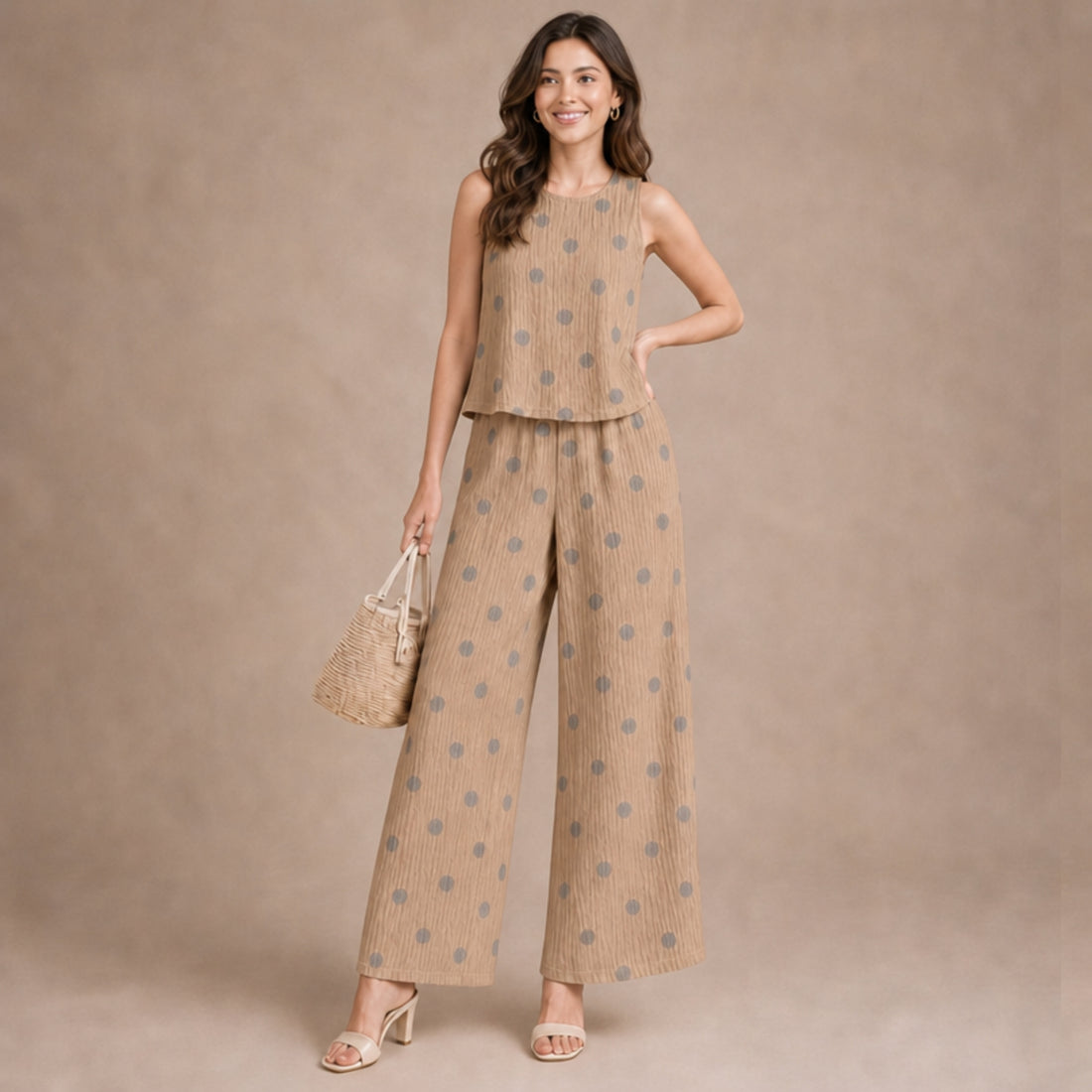 Taupe Textured Crinkle Sleeveless & Wide-Leg Co-ord Set