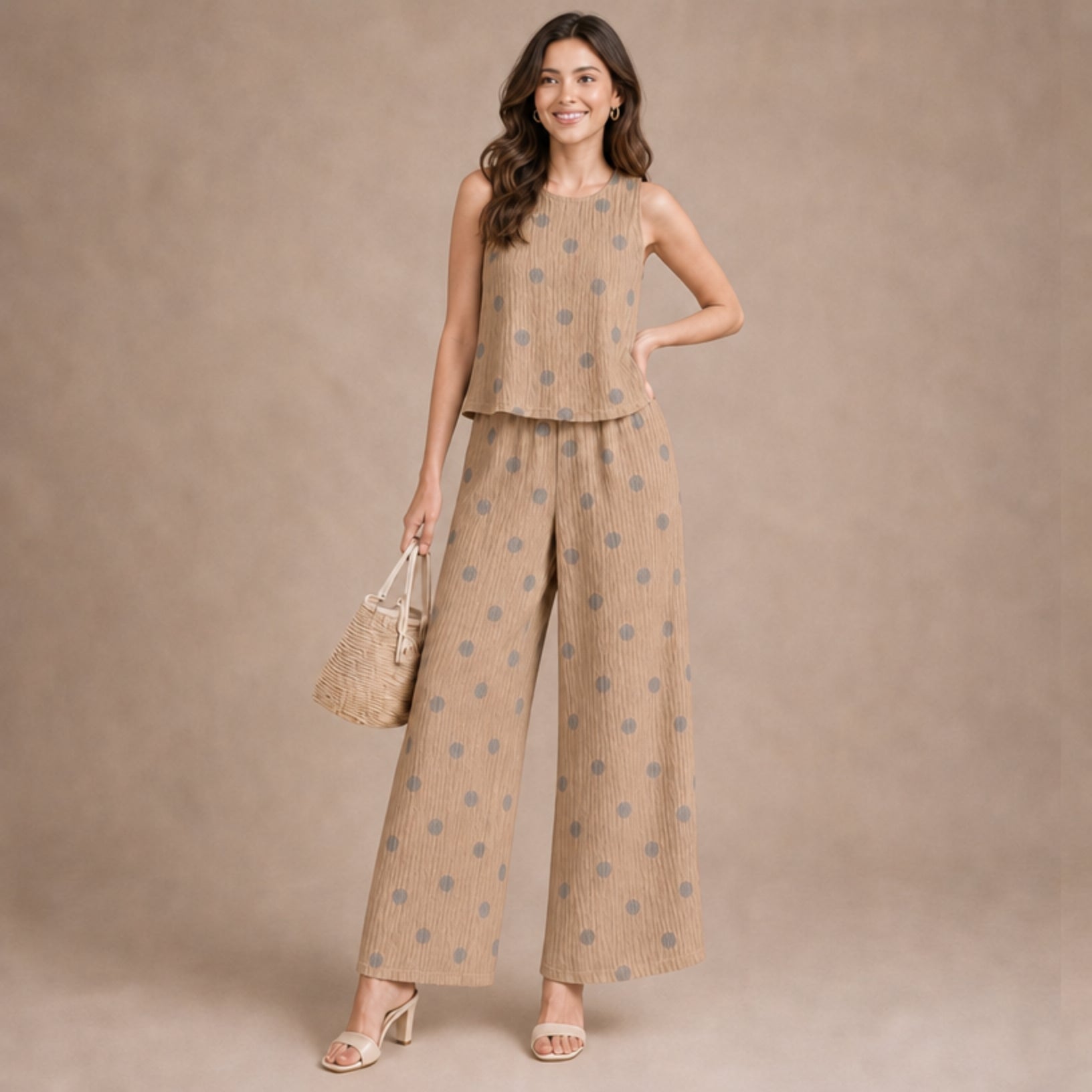 Taupe Textured Crinkle Sleeveless & Wide-Leg Co-ord Set