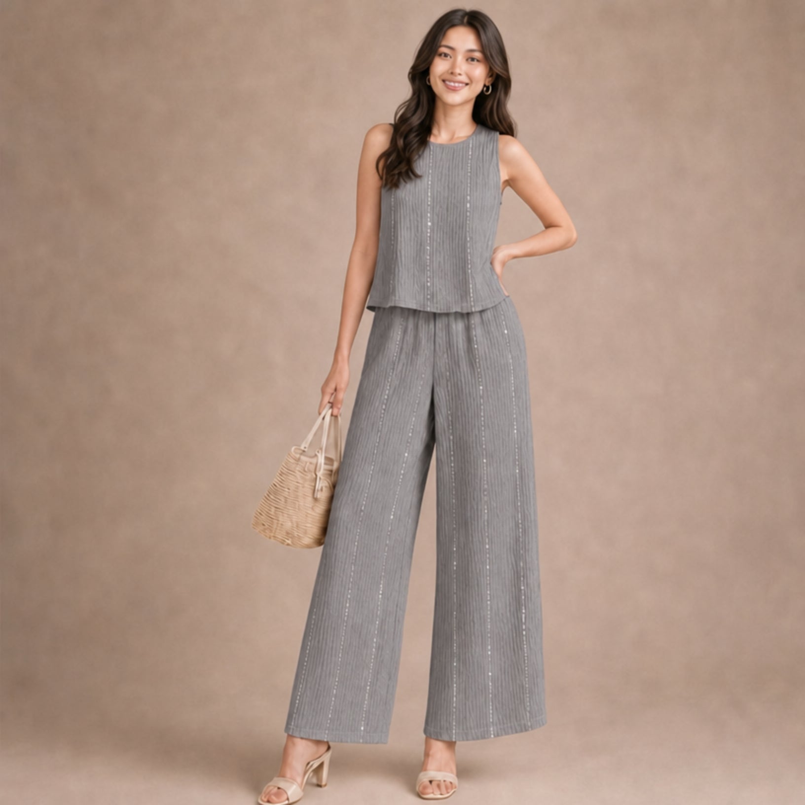 Taupe Textured Crinkle Sleeveless & Wide-Leg Co-ord Set