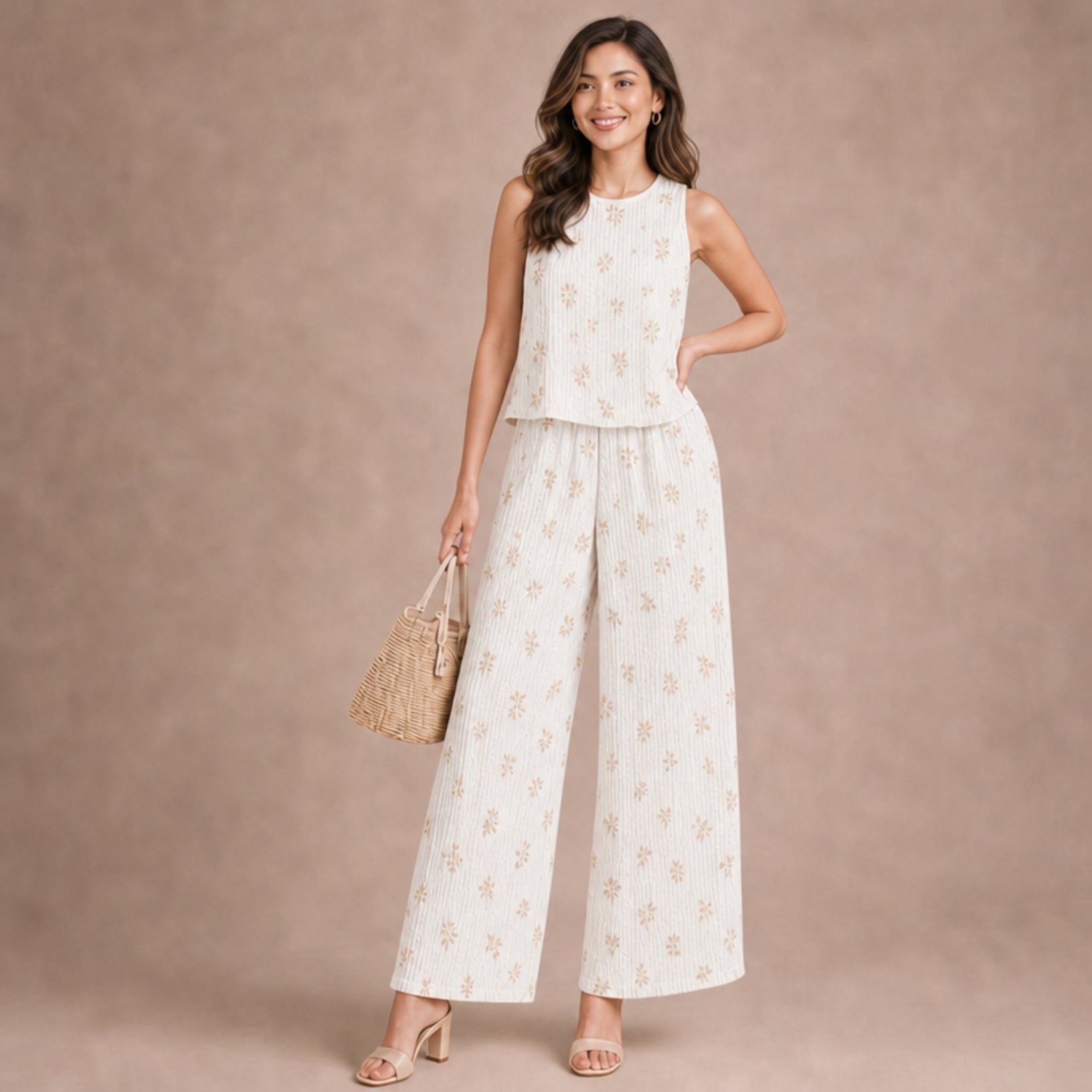 Taupe Textured Crinkle Sleeveless & Wide-Leg Co-ord Set