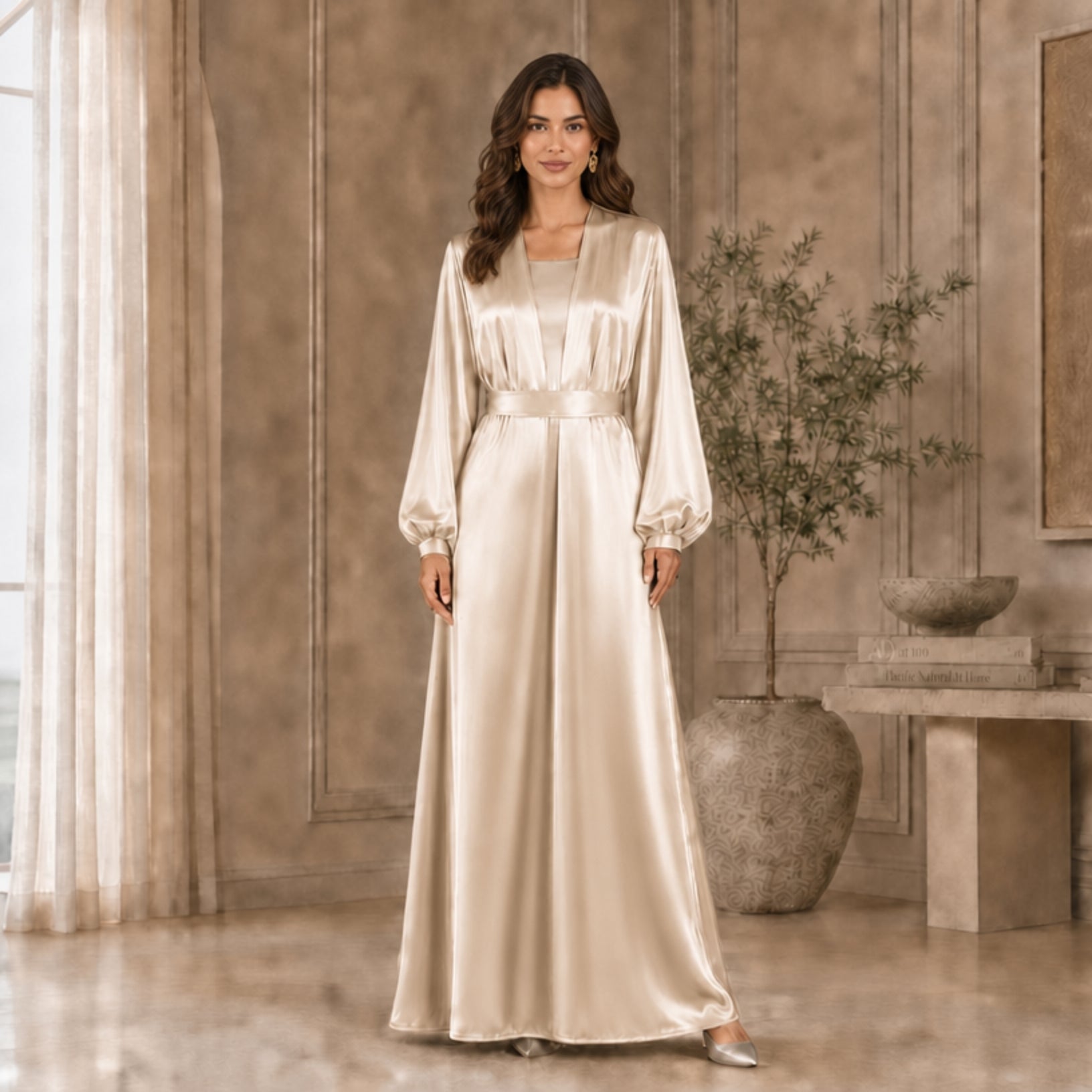 Silk Abaya Set – 3-Piece Set with Cotton Inner Dress & Matching Hijab