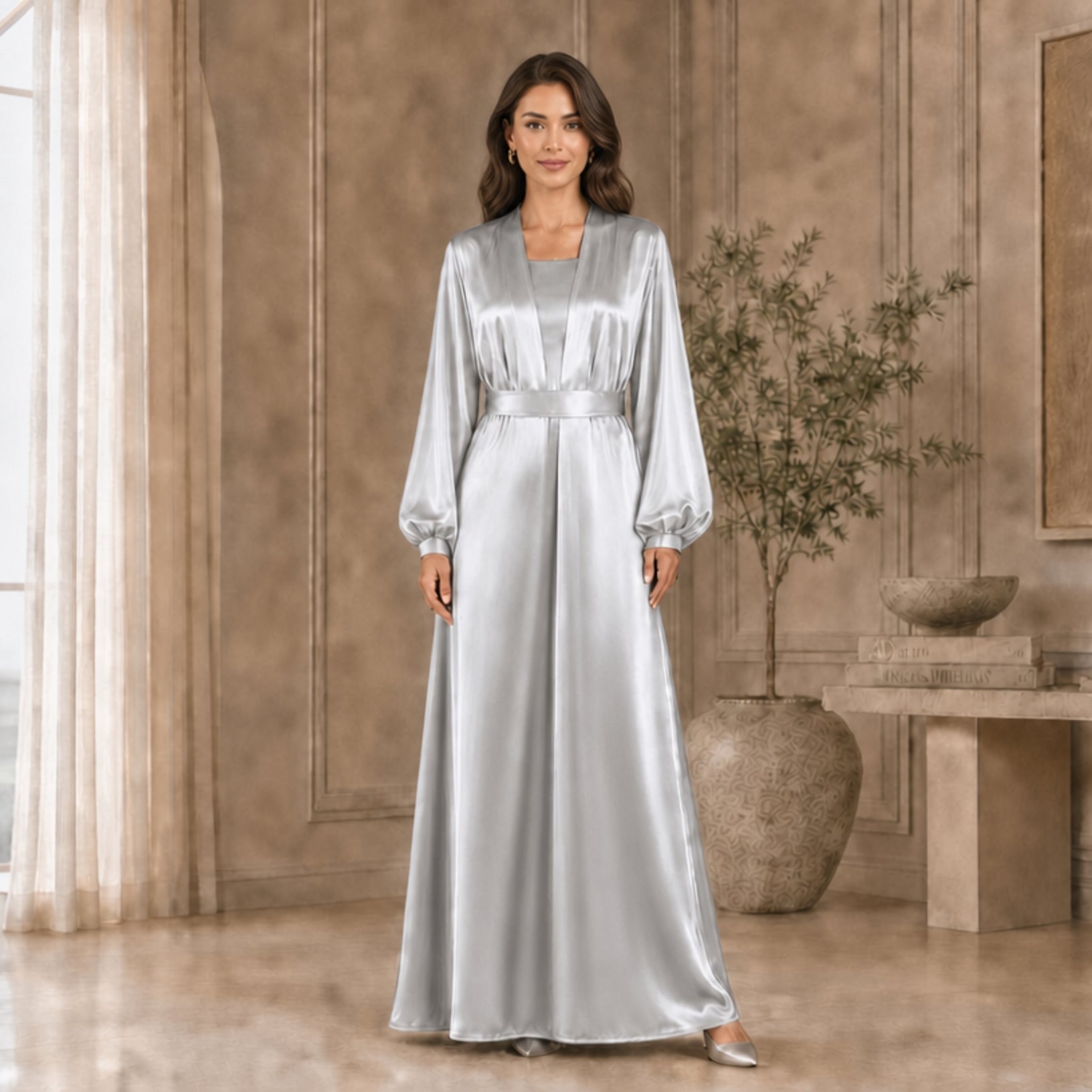 Silk Abaya Set – 3-Piece Set with Cotton Inner Dress & Matching Hijab