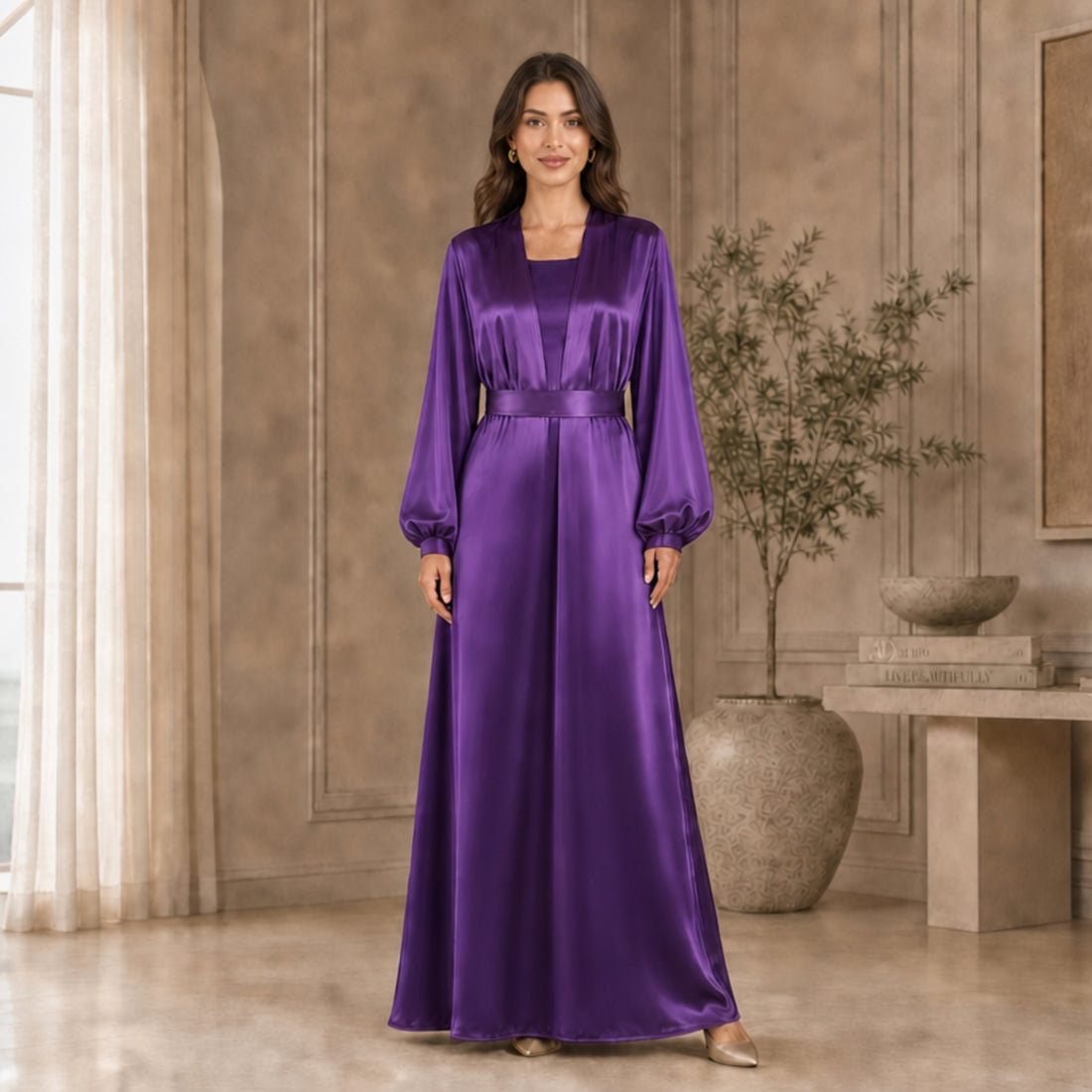 Silk Abaya Set – 3-Piece Set with Cotton Inner Dress & Matching Hijab
