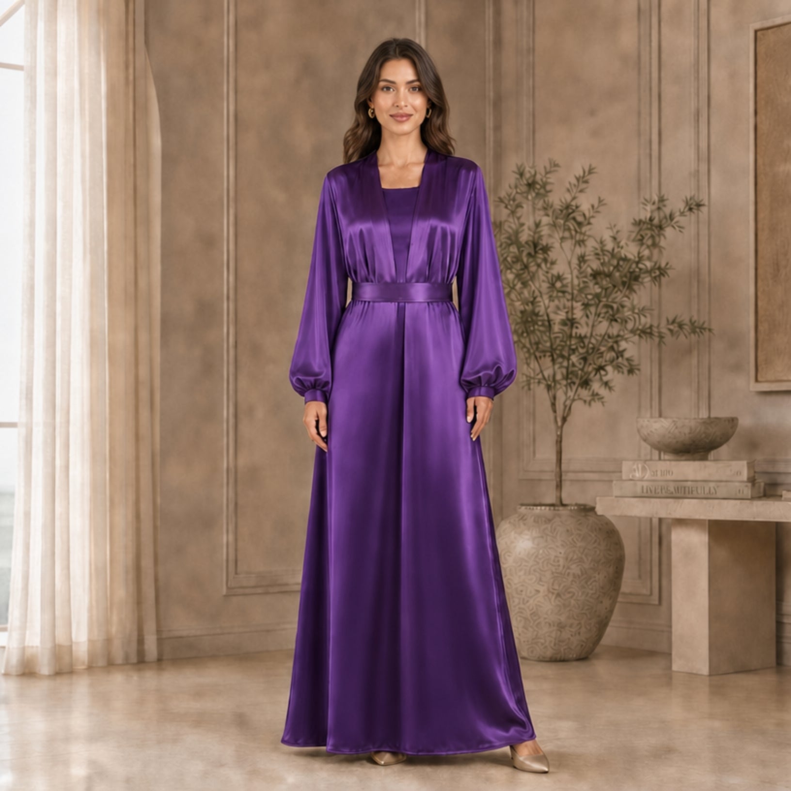 Silk Abaya Set – 3-Piece Set with Cotton Inner Dress & Matching Hijab