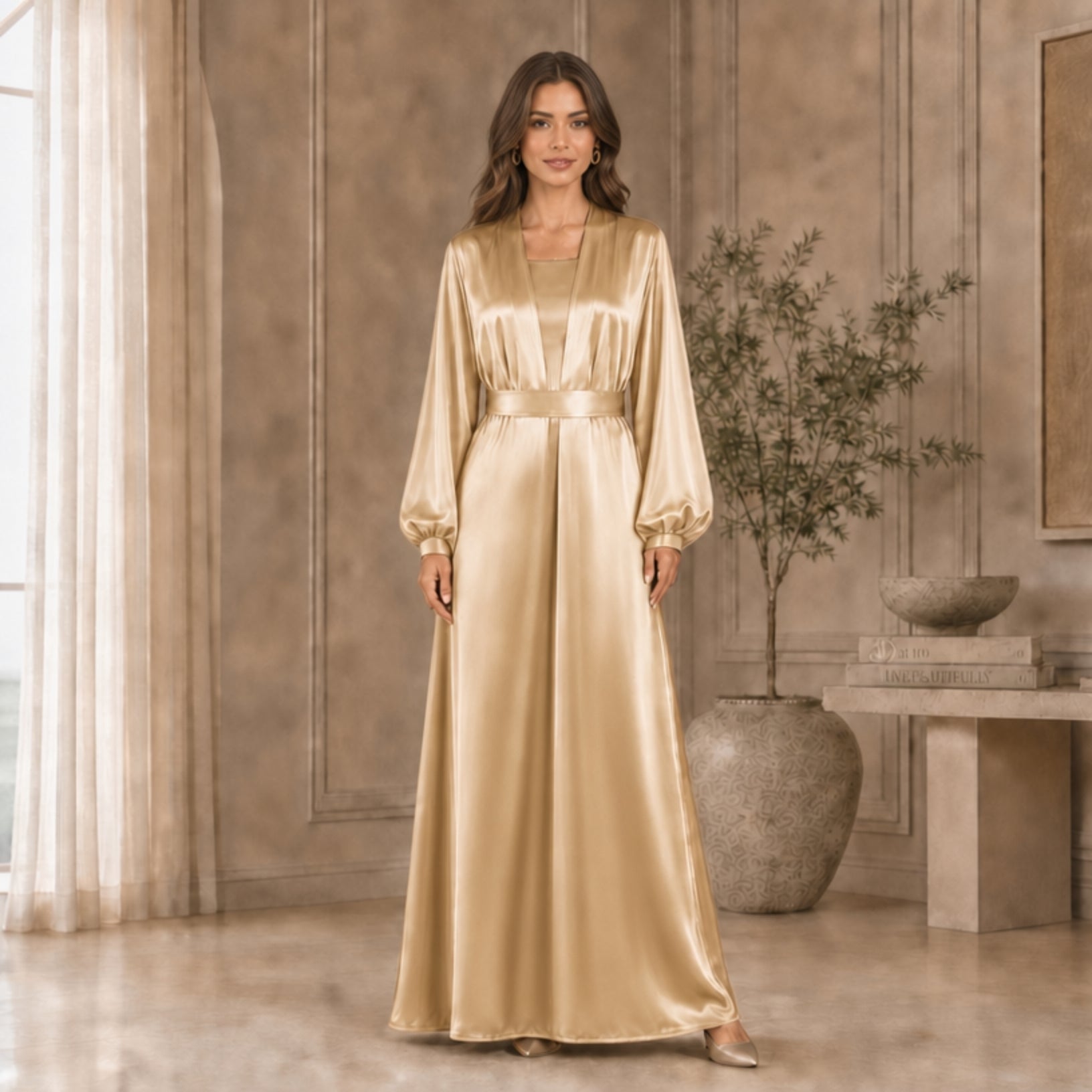 Silk Abaya Set – 3-Piece Set with Cotton Inner Dress & Matching Hijab